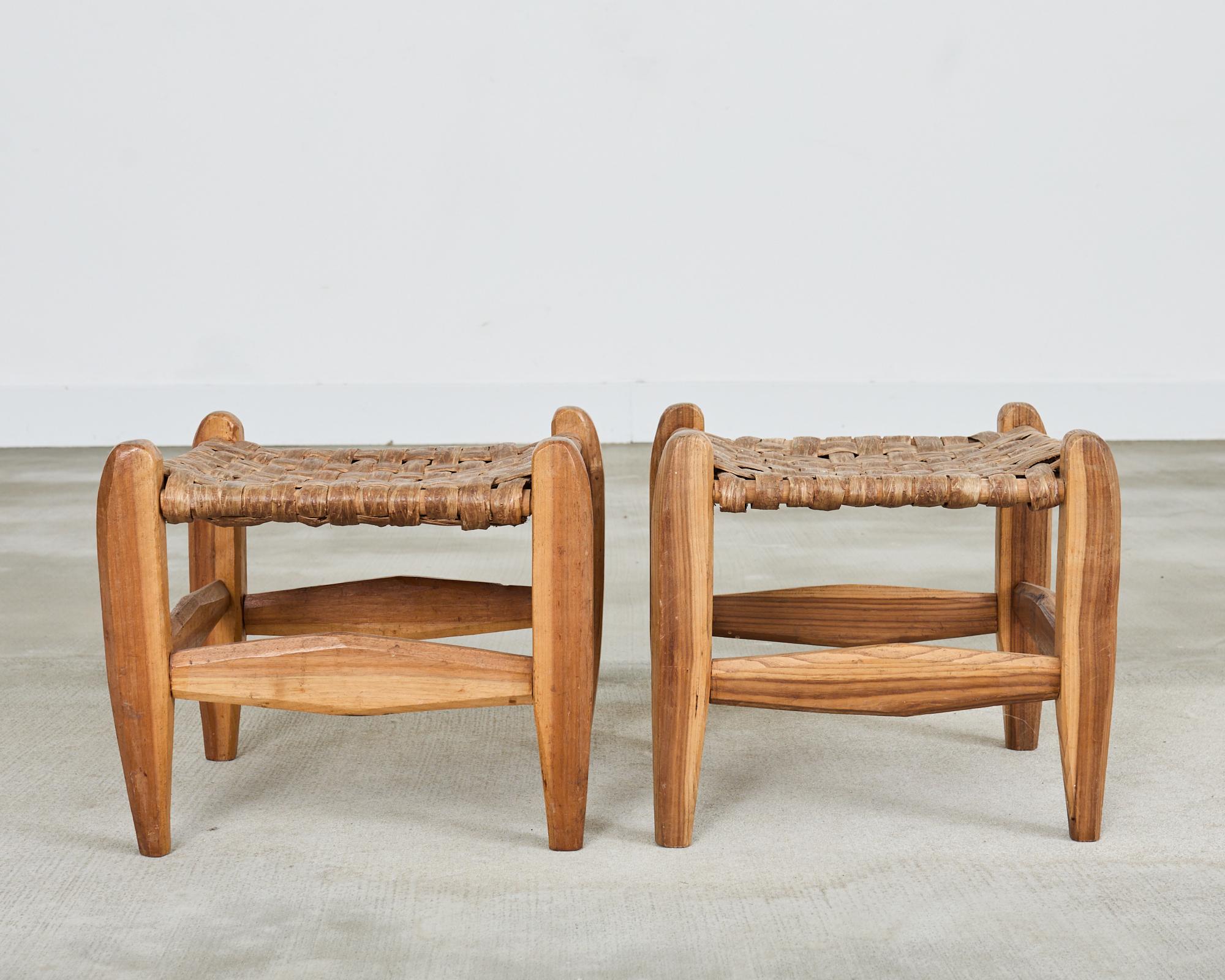 Rustic Pair of Primitive Woven Hickory Bark Rush Stools