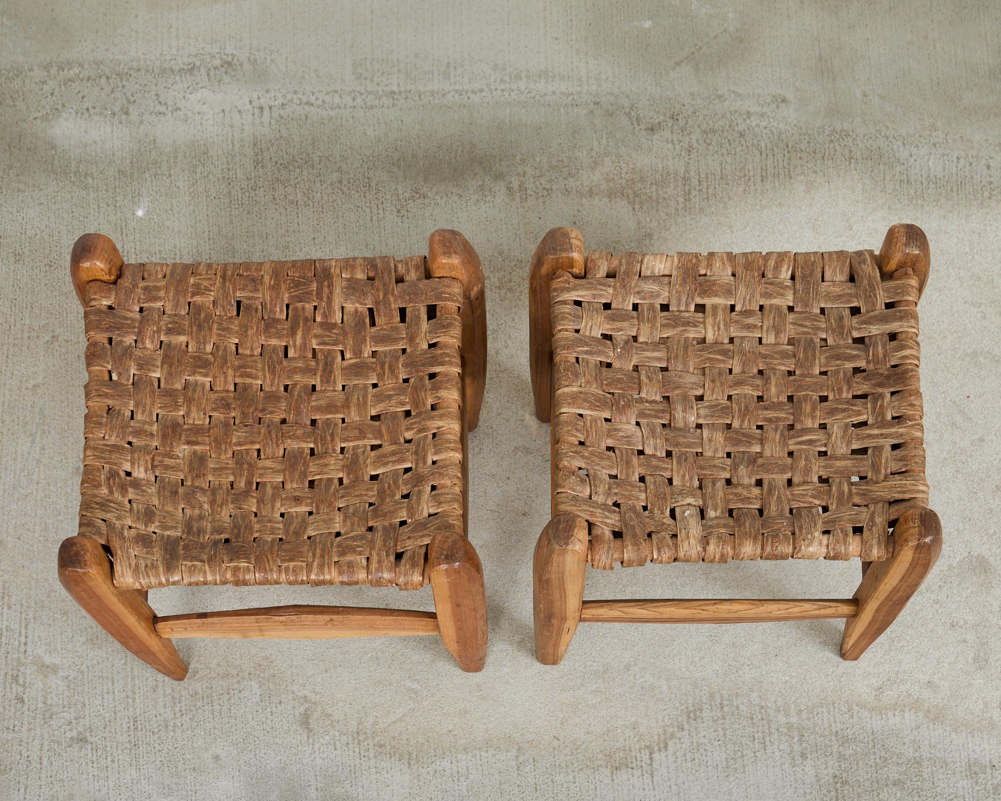 American Pair of Primitive Woven Hickory Bark Rush Stools