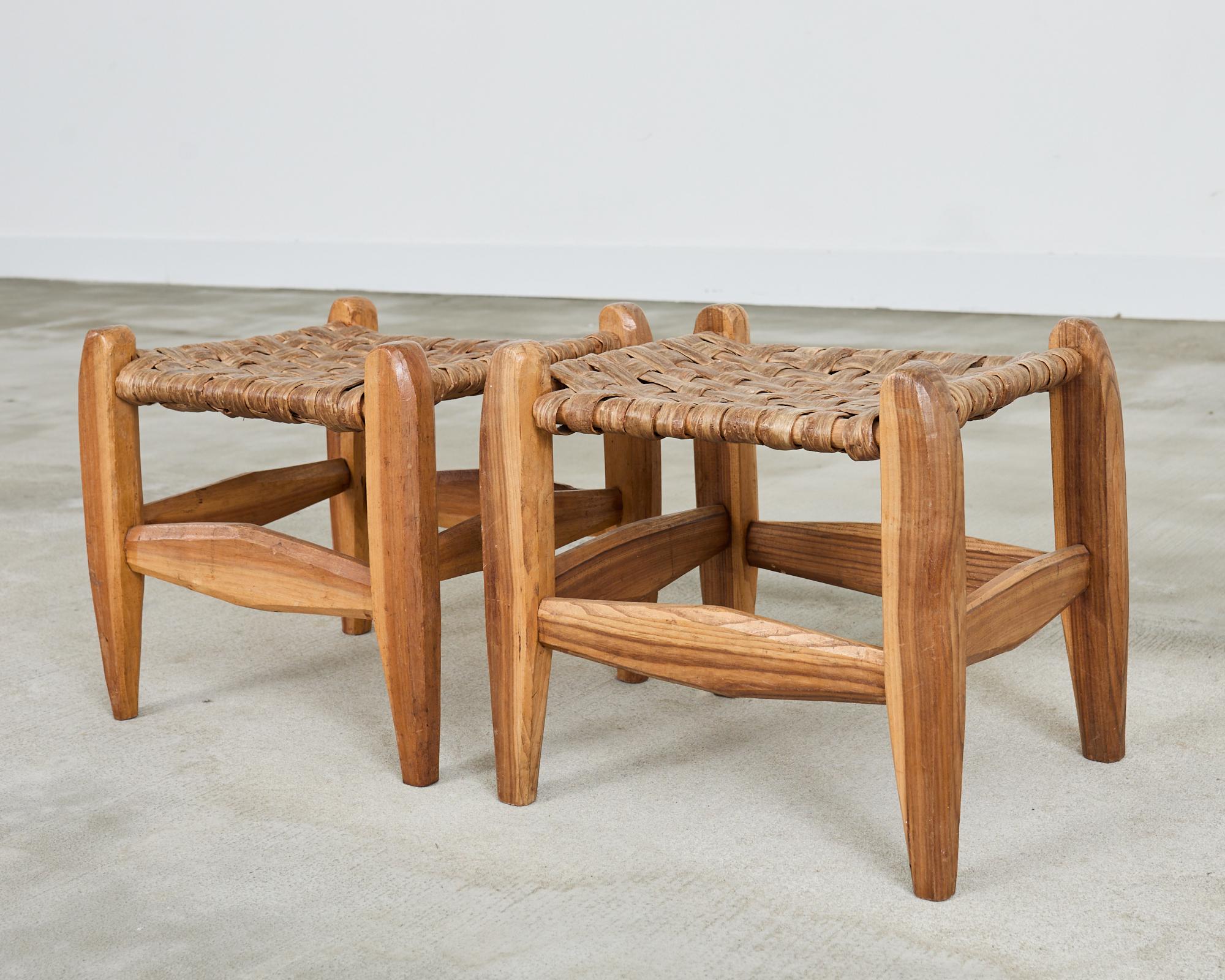Hand-Crafted Pair of Primitive Woven Hickory Bark Rush Stools