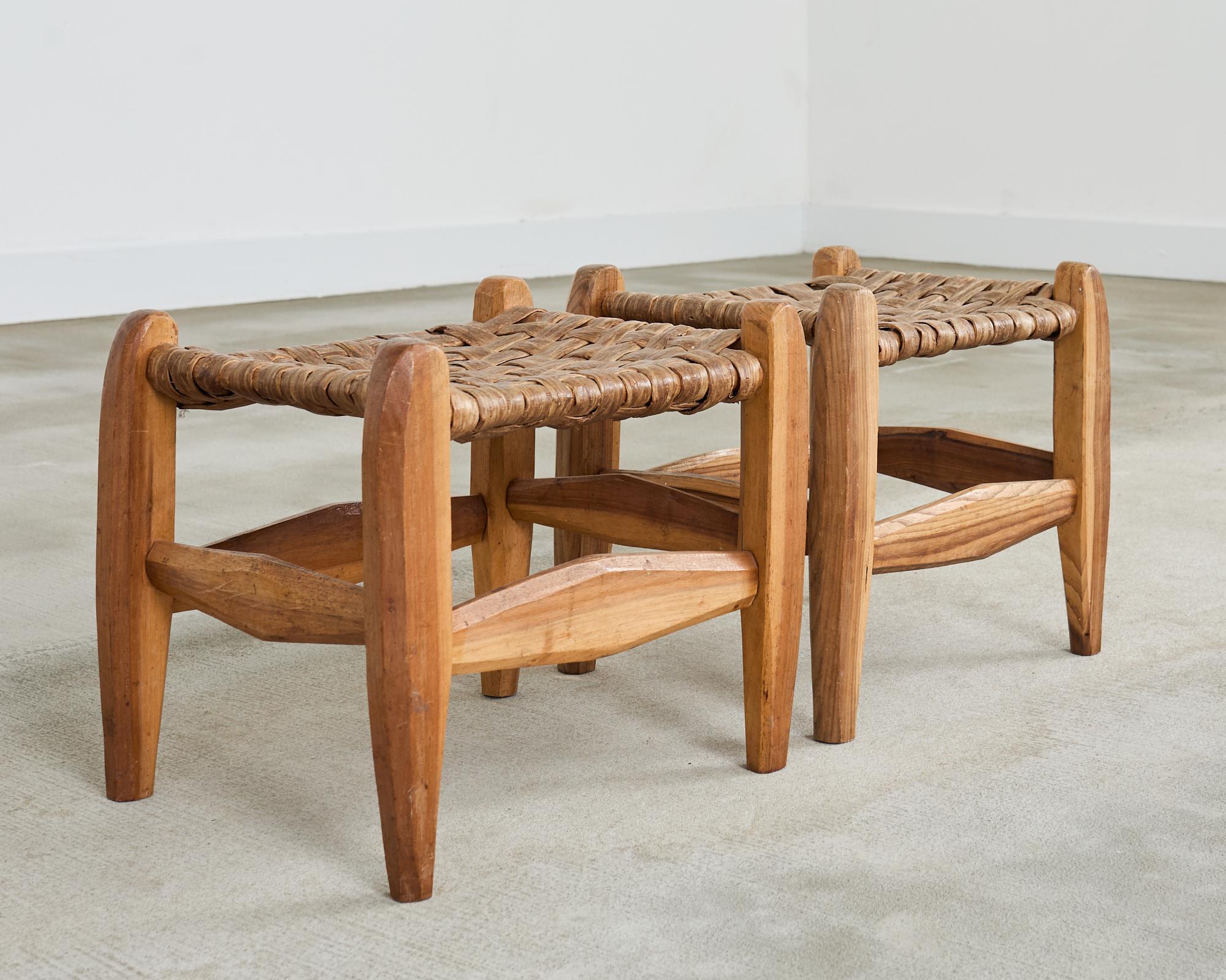 Pair of Primitive Woven Hickory Bark Rush Stools In Good Condition In Rio Vista, CA