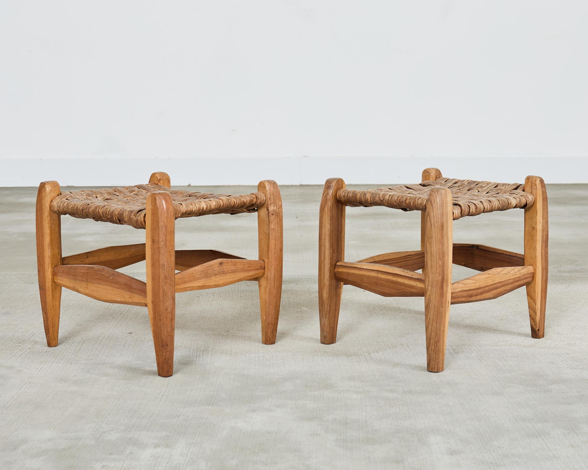 20th Century Pair of Primitive Woven Hickory Bark Rush Stools