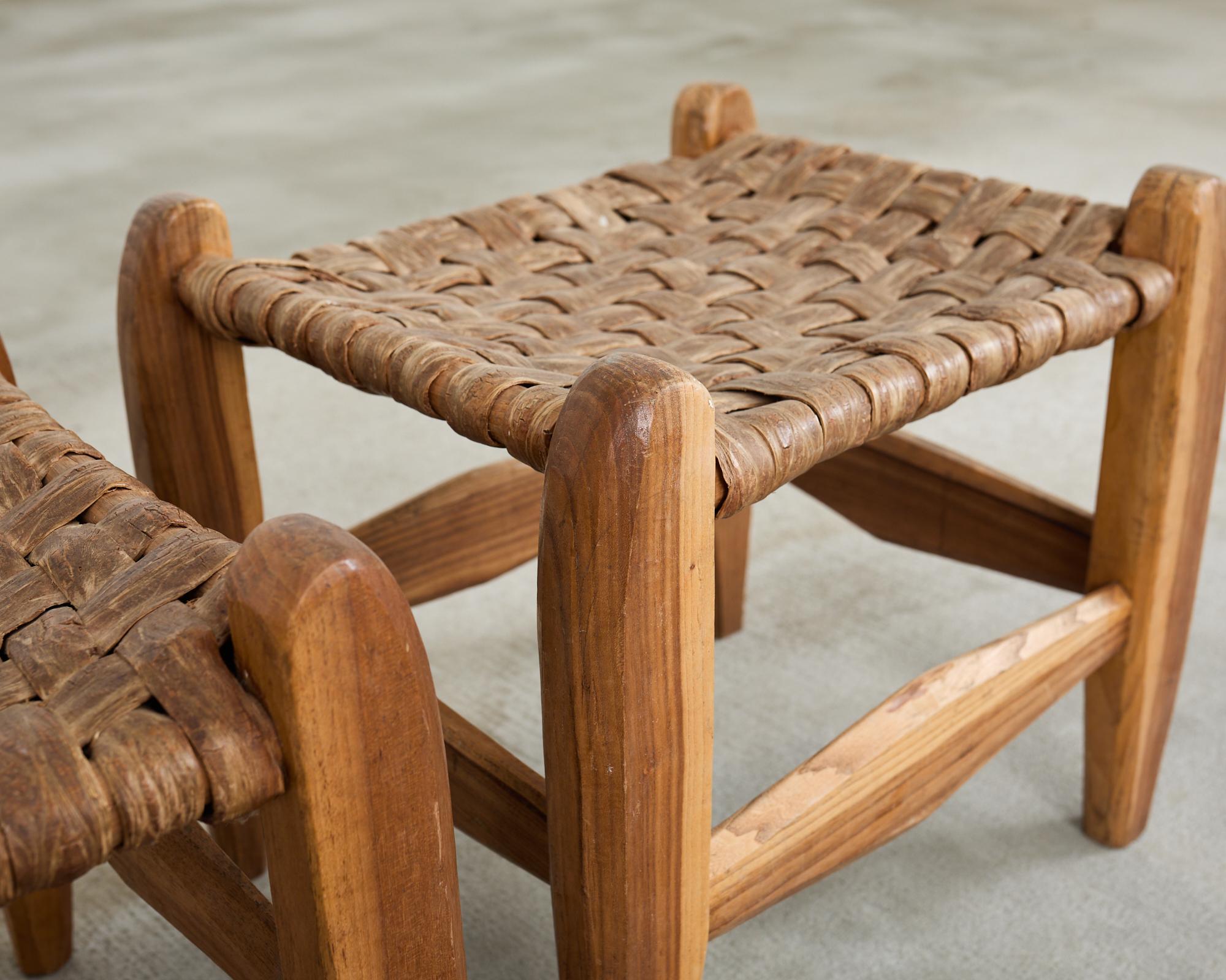 Cane Pair of Primitive Woven Hickory Bark Rush Stools