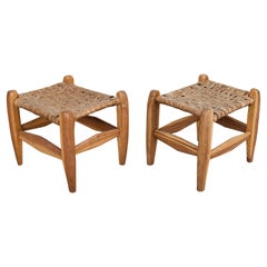 Vintage Pair of Primitive Woven Hickory Bark Rush Stools