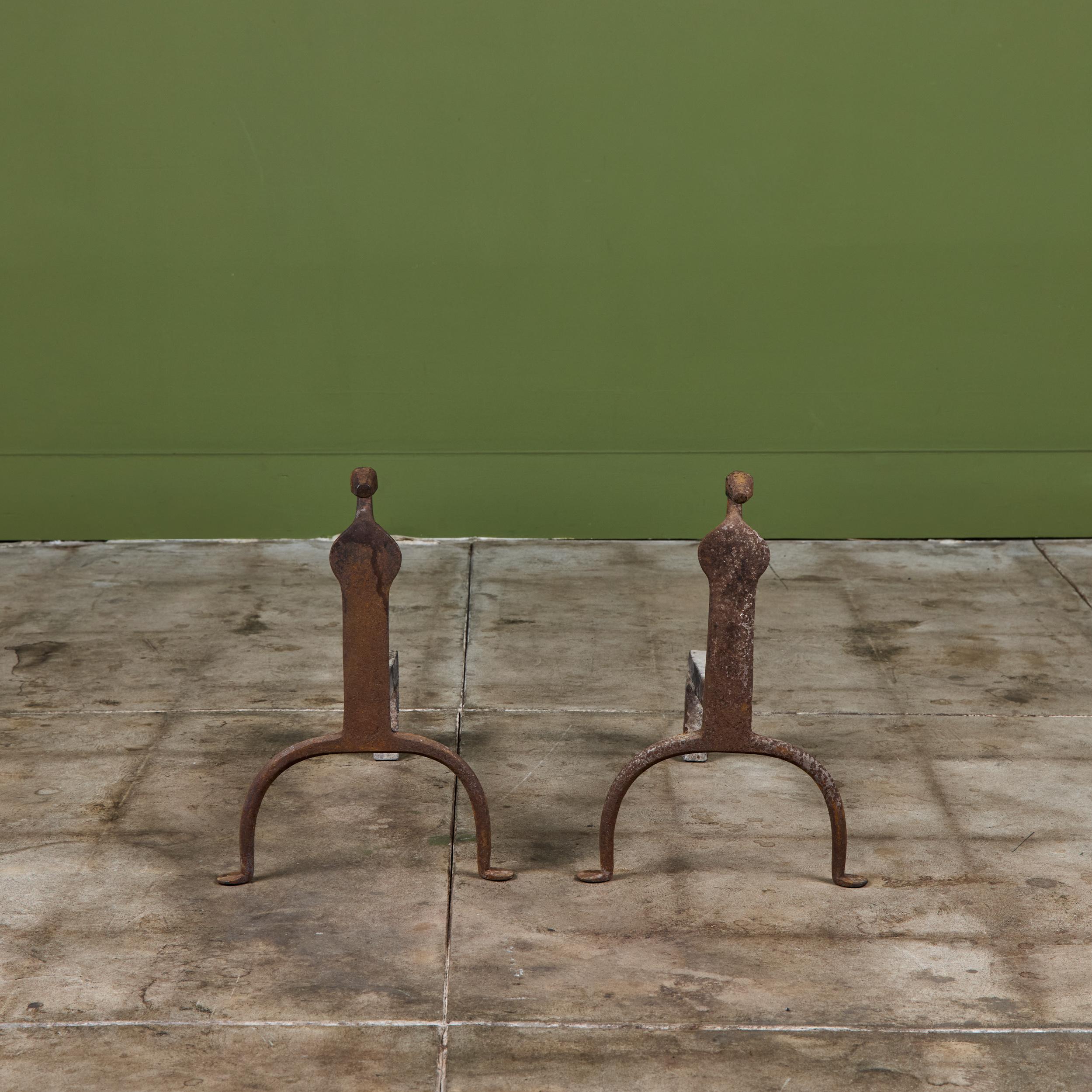 American Pair of Primitive Wrought Iron Andirons For Sale