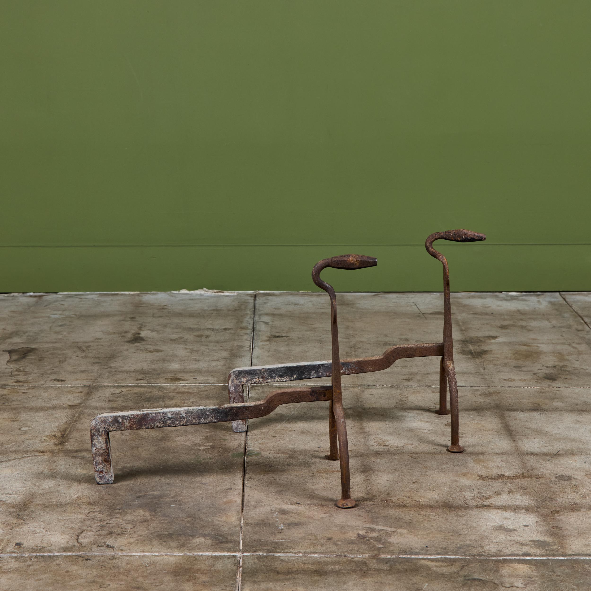 Pair of Primitive Wrought Iron Andirons In Good Condition For Sale In Los Angeles, CA