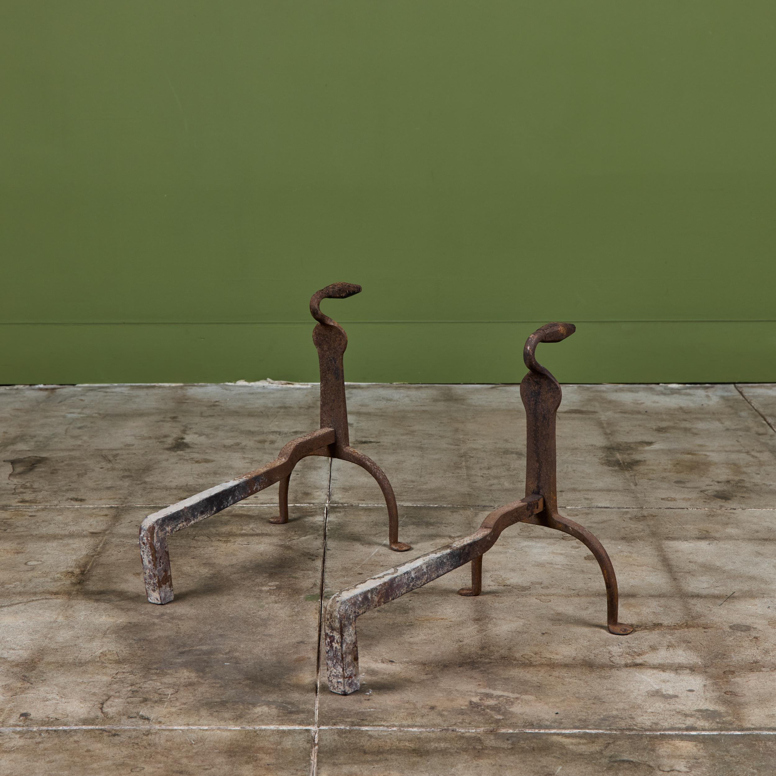 20th Century Pair of Primitive Wrought Iron Andirons For Sale