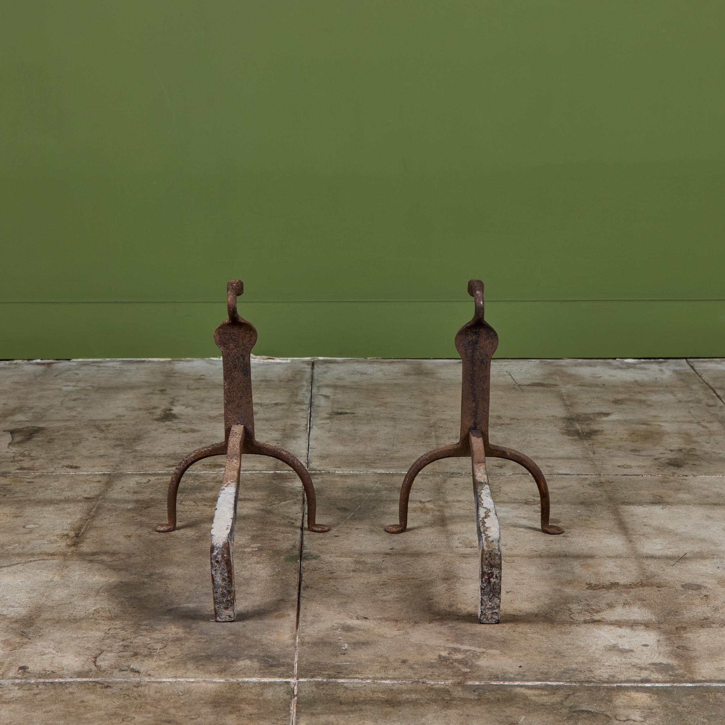 Pair of Primitive Wrought Iron Andirons For Sale 1
