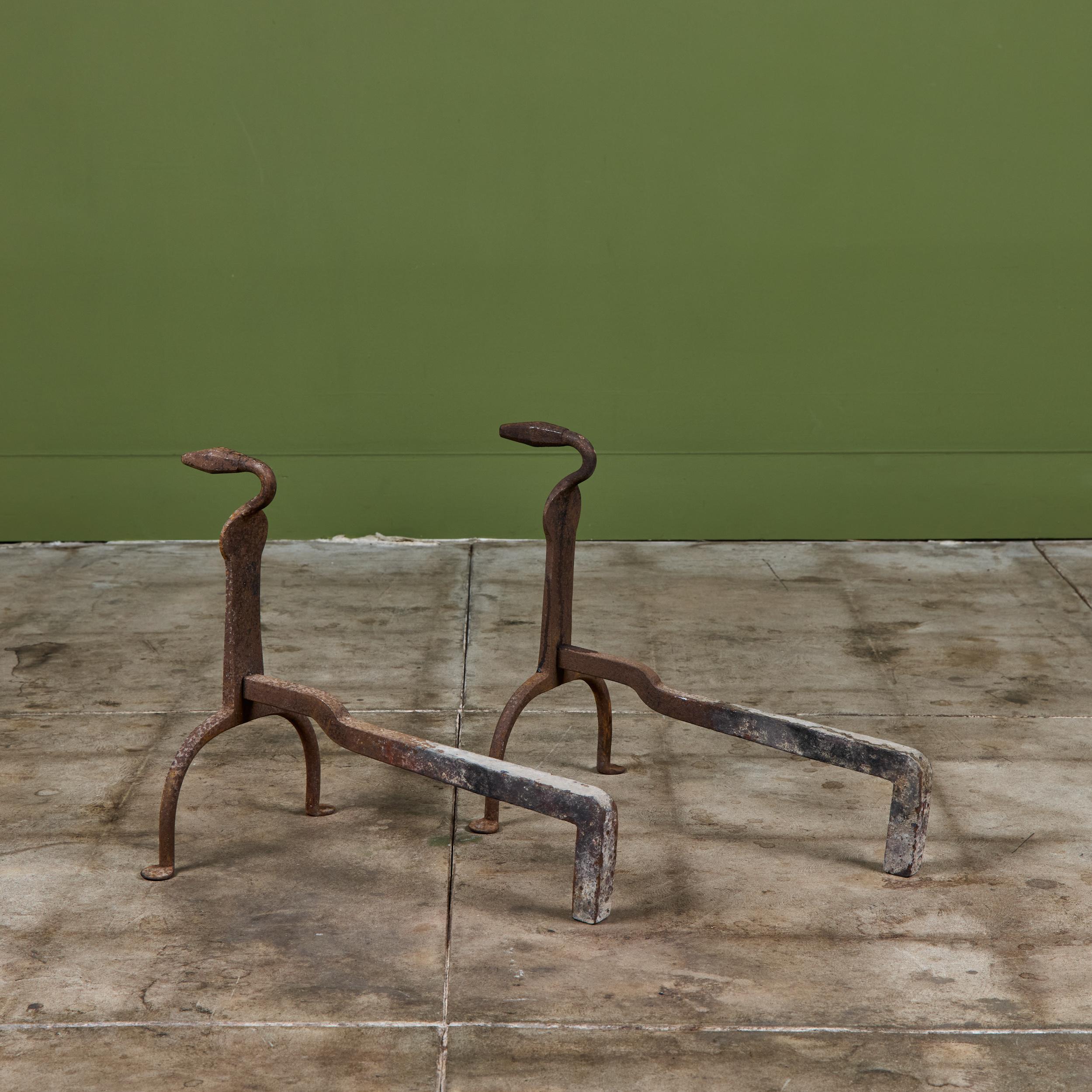 Pair of Primitive Wrought Iron Andirons For Sale 2