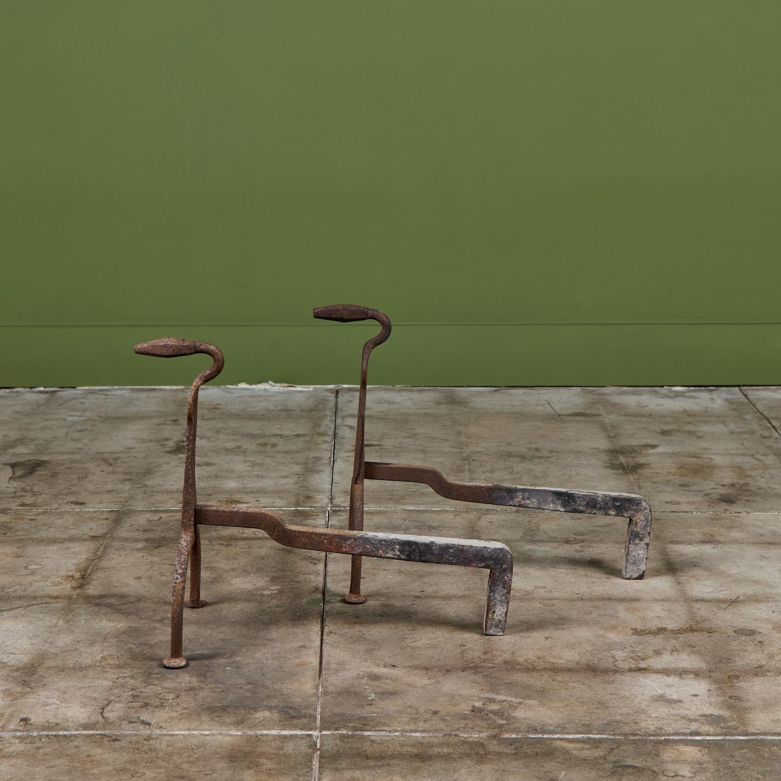 Pair of Primitive Wrought Iron Andirons For Sale 3