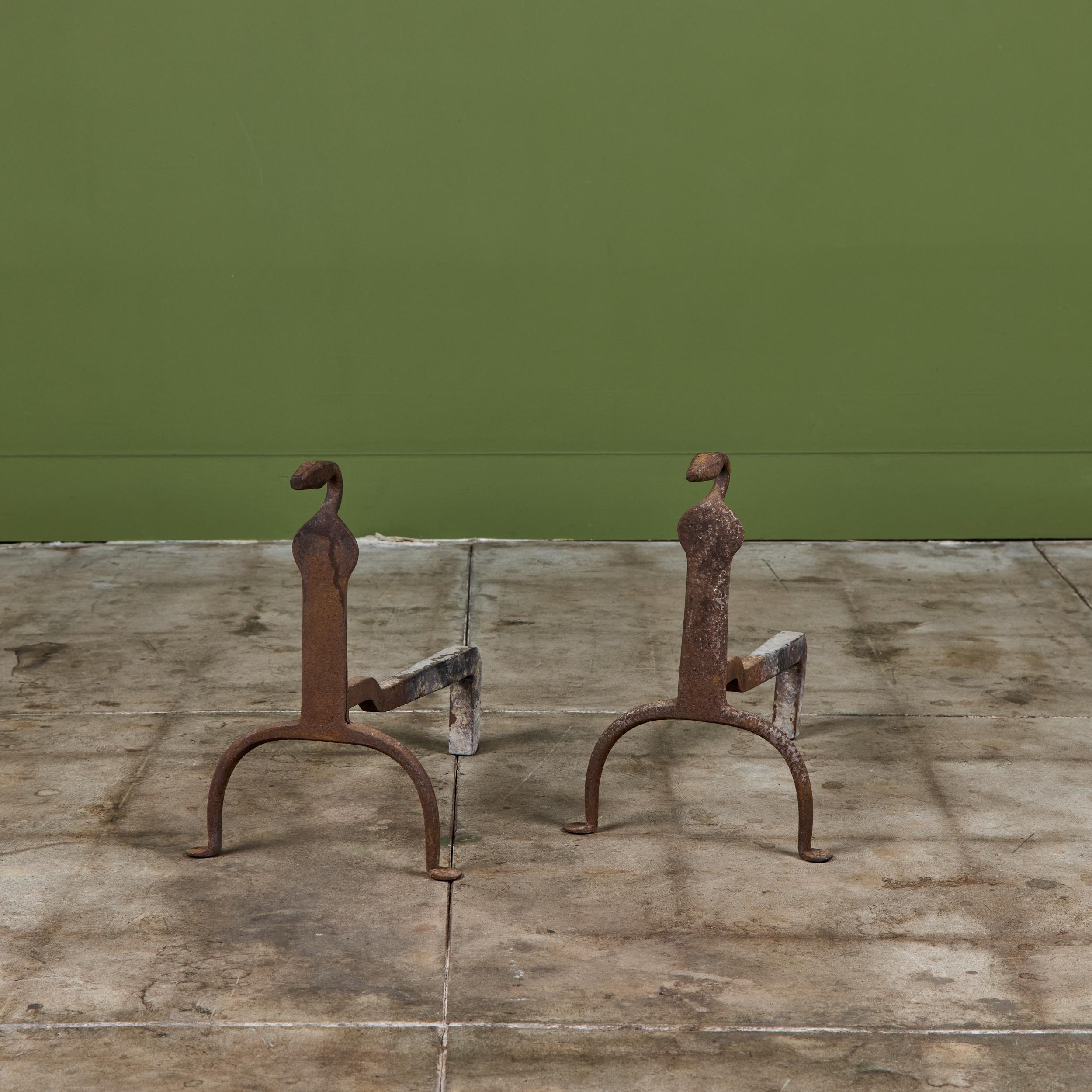 Pair of Primitive Wrought Iron Andirons For Sale 4