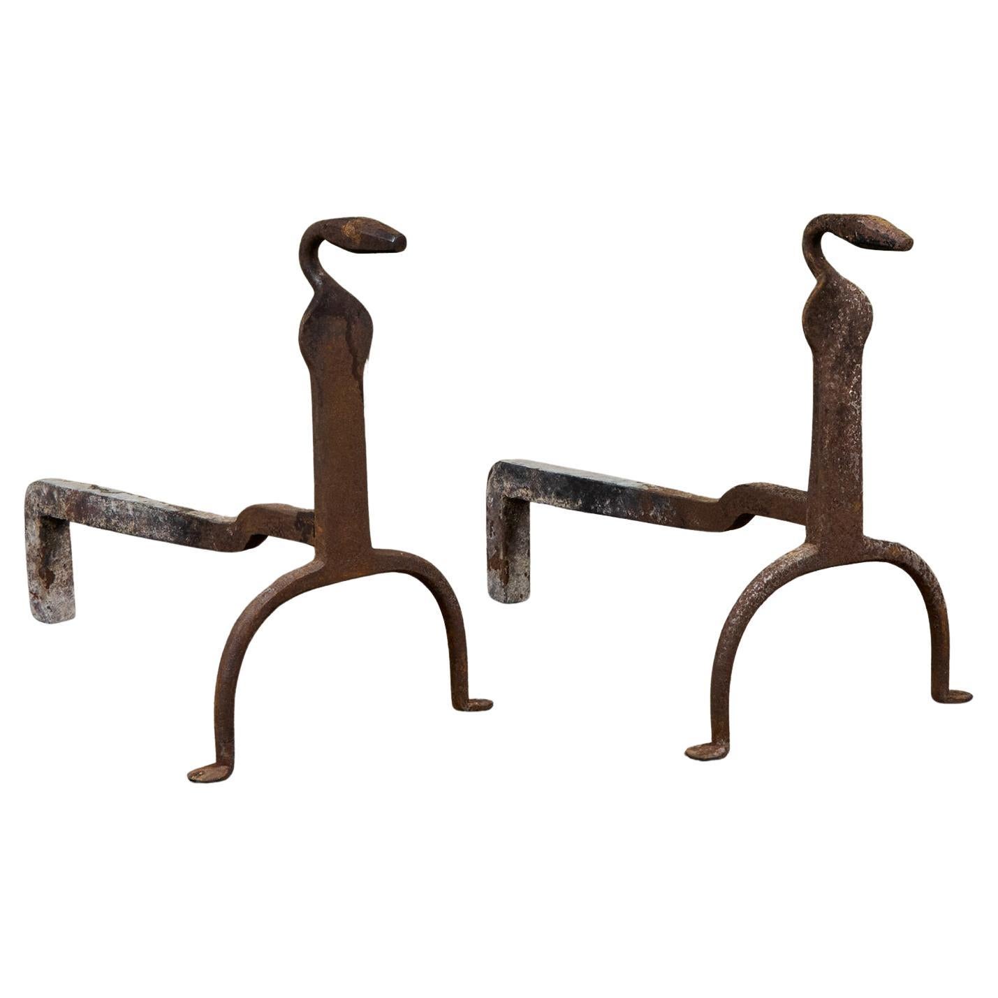 Pair of Primitive Wrought Iron Andirons For Sale