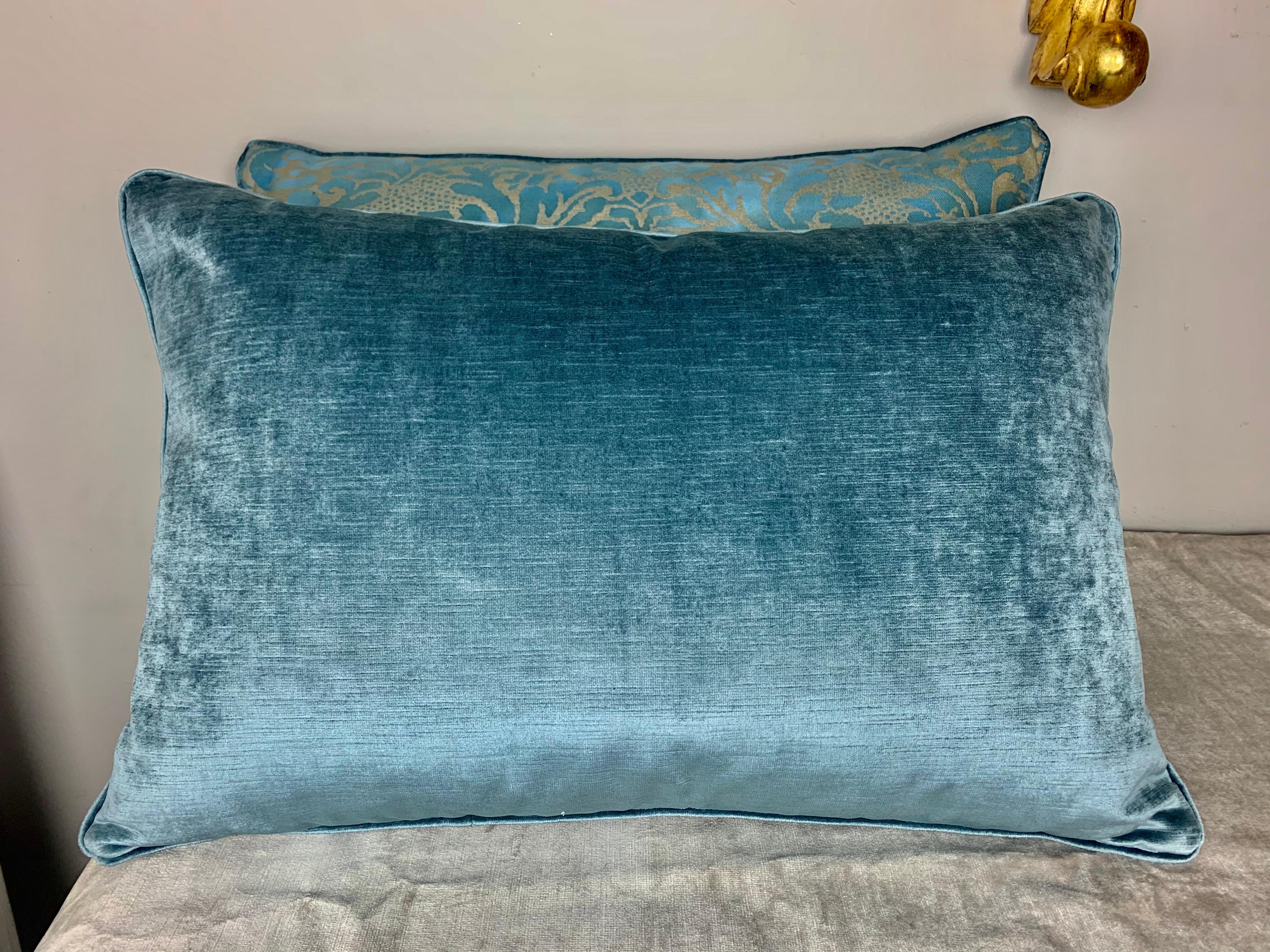 Pair of custom pillows made with printed cotton fronts and linen velvet backs. Self cording. Down filled inserts.
