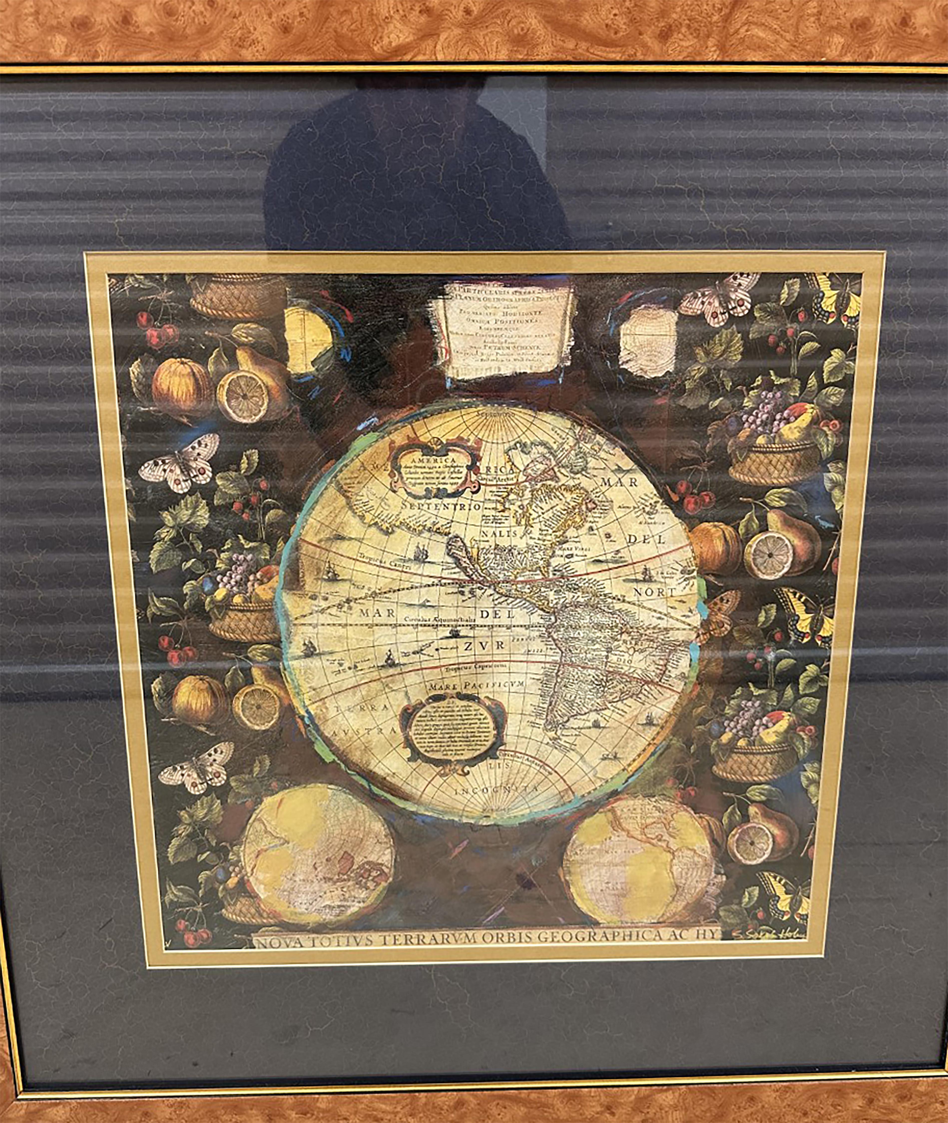 Pair of Prints Depicting Antique World Maps Framed in Burl Wood  In Good Condition For Sale In Dallas, TX