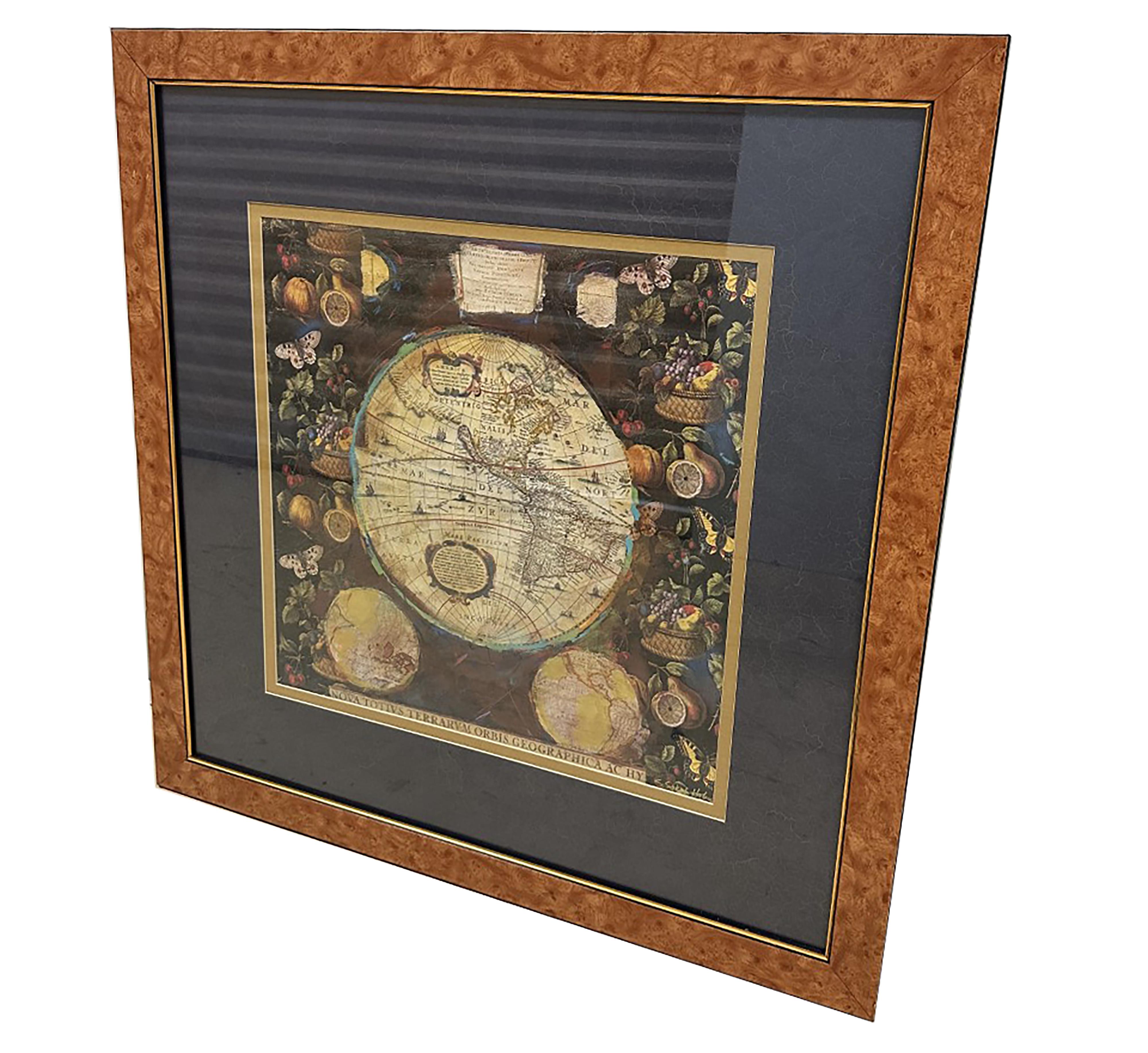 20th Century Pair of Prints Depicting Antique World Maps Framed in Burl Wood  For Sale