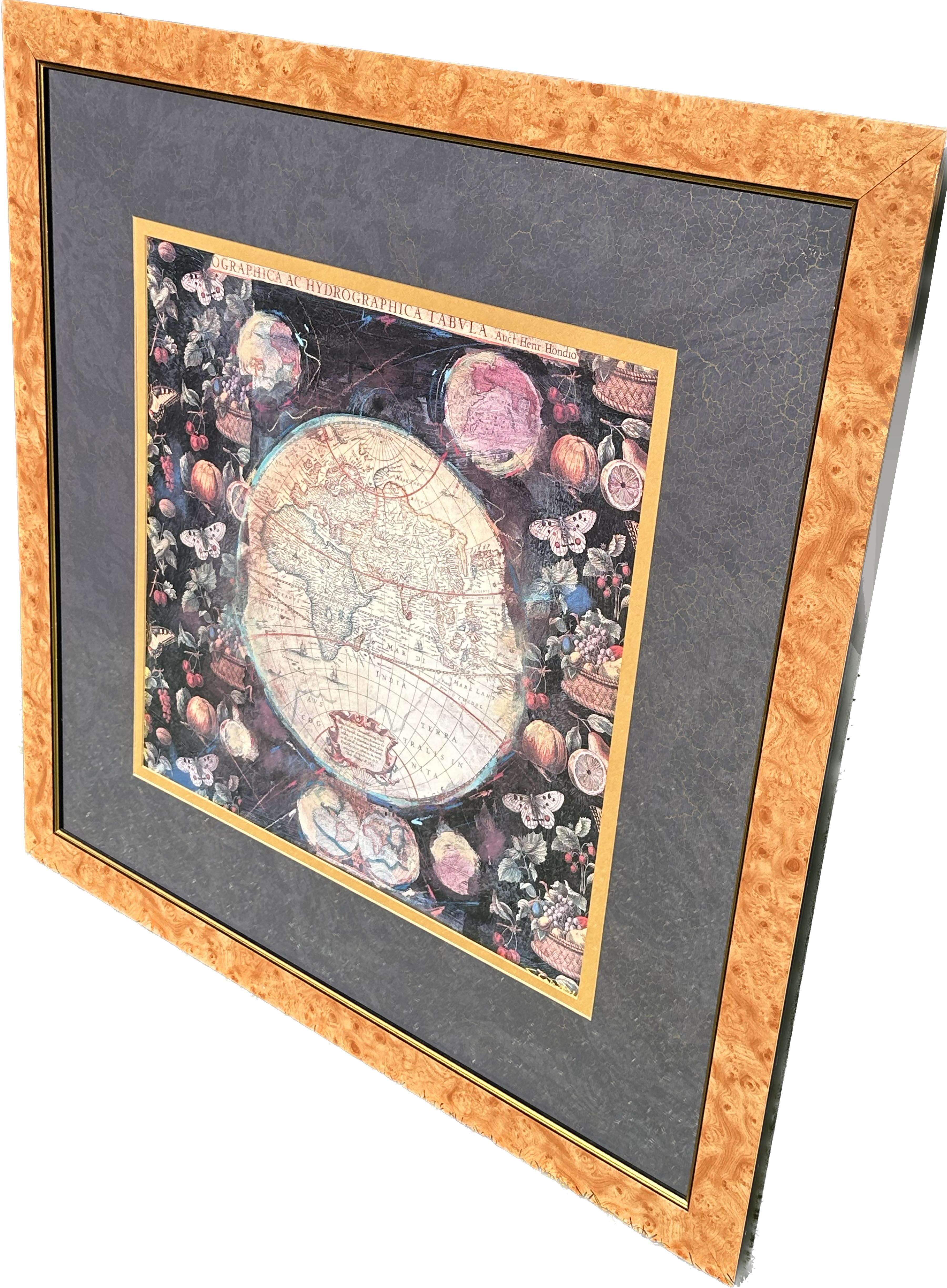 Paper Pair of Prints Depicting Antique World Maps Framed in Burl Wood  For Sale
