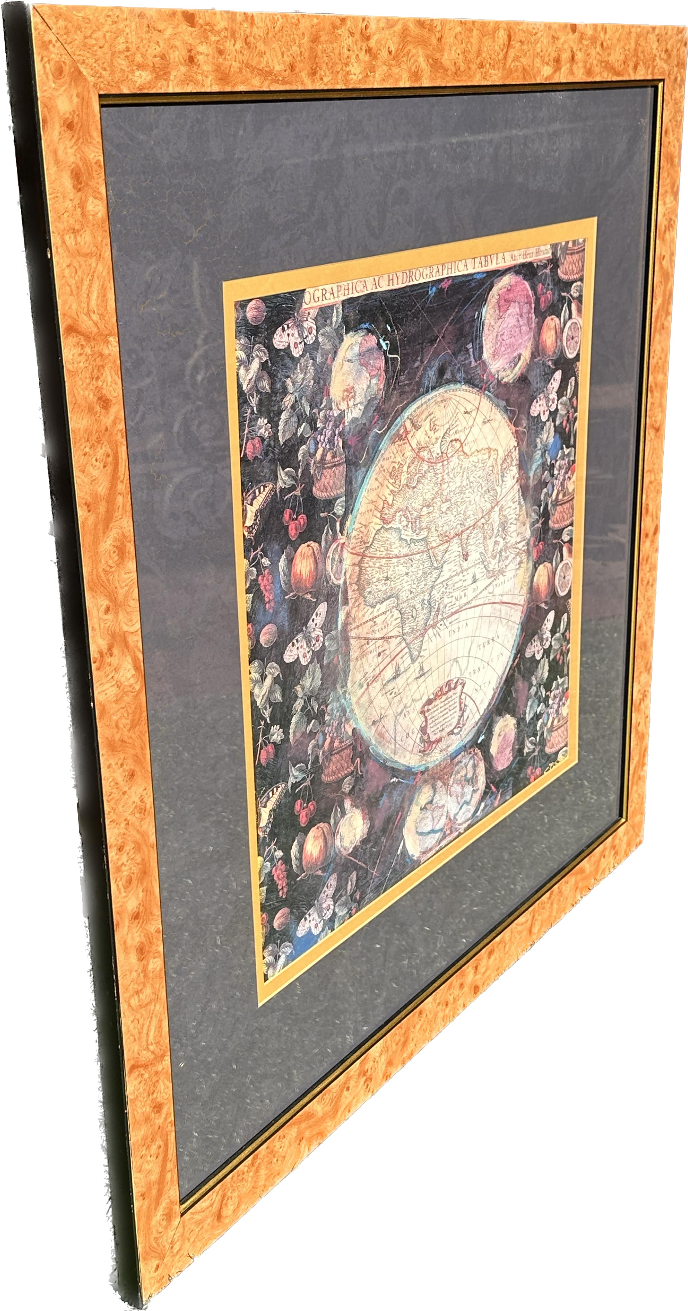 Pair of Prints Depicting Antique World Maps Framed in Burl Wood  For Sale 1