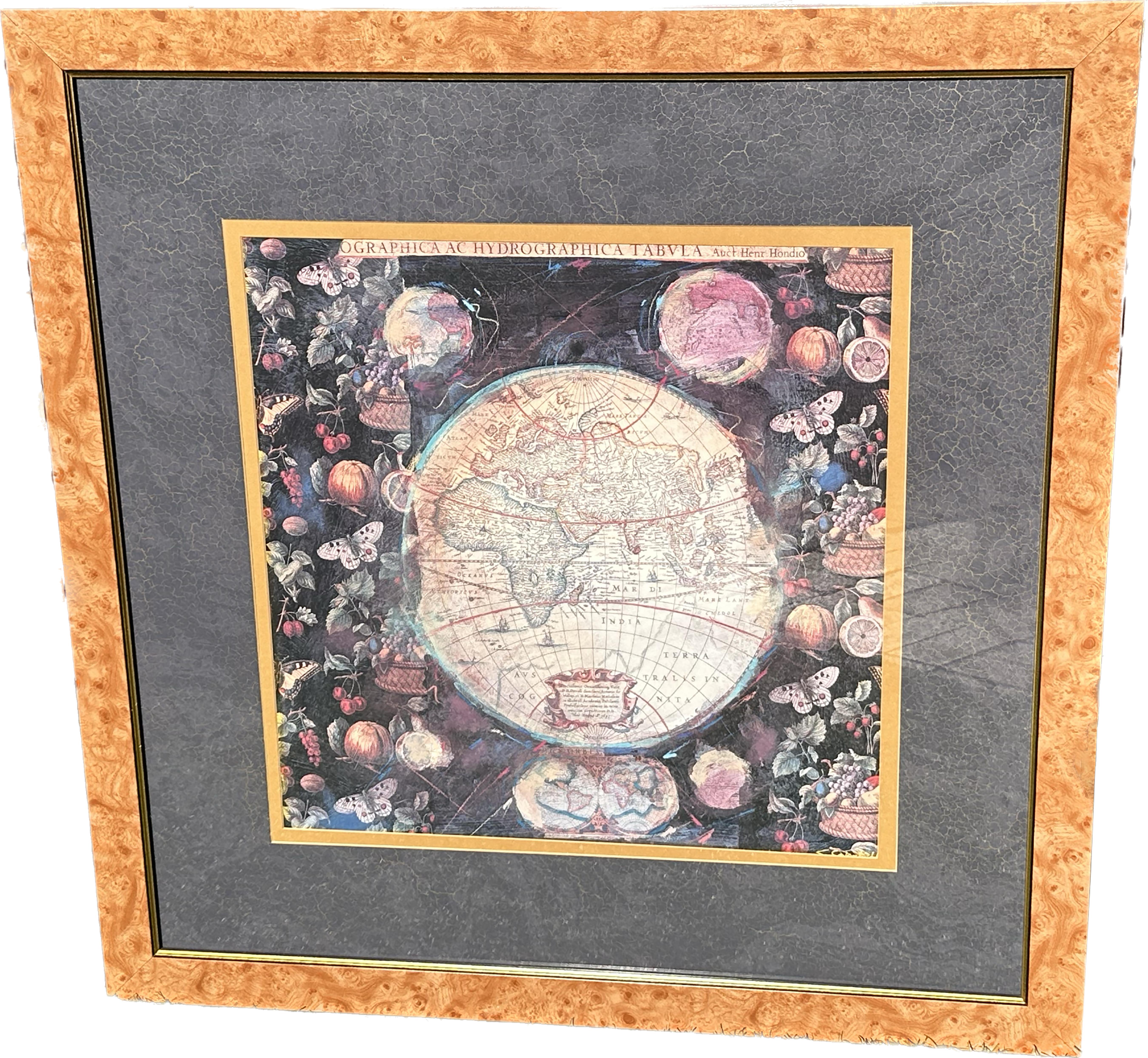 Pair of Prints Depicting Antique World Maps Framed in Burl Wood  For Sale 2