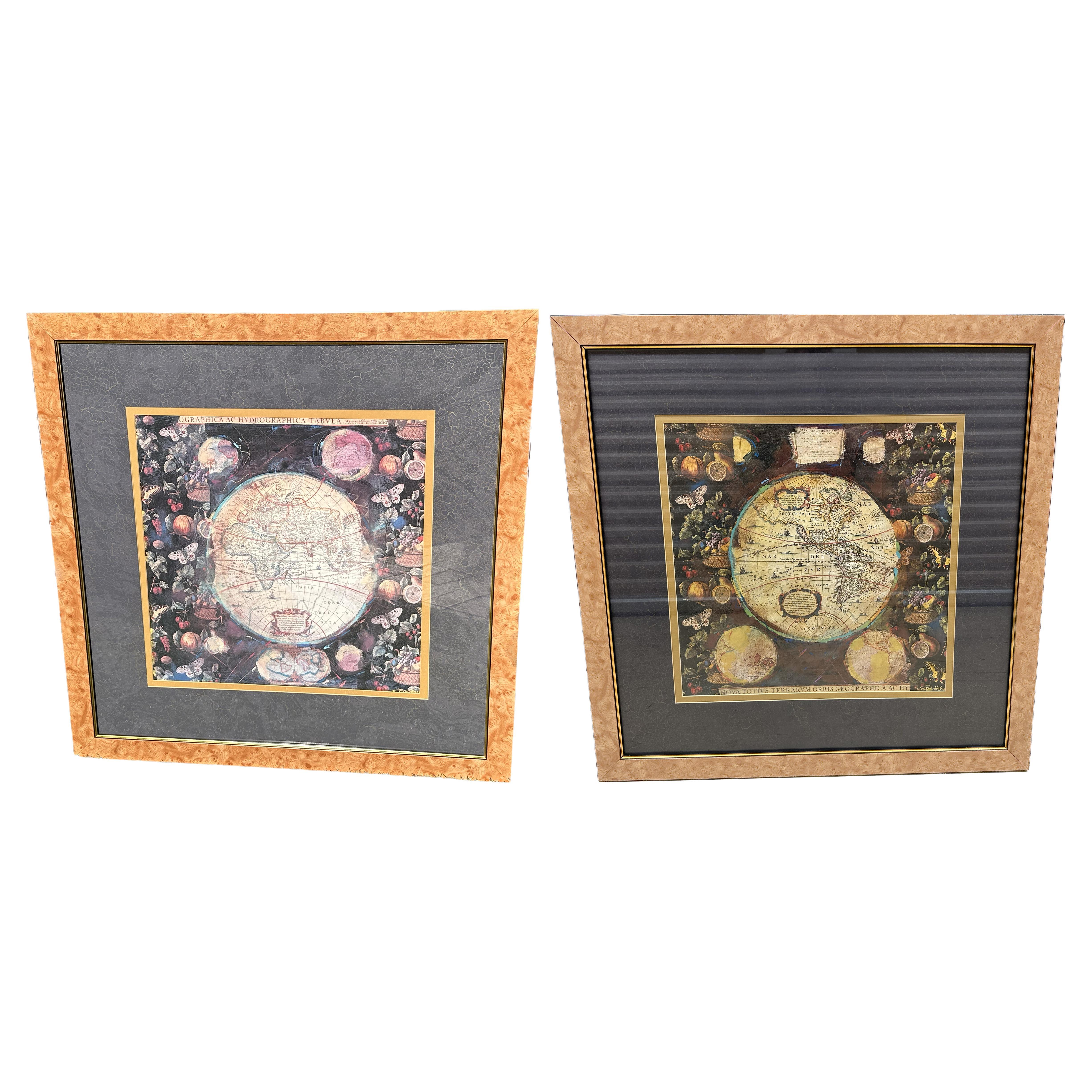 Pair of Prints Depicting Antique World Maps Framed in Burl Wood  For Sale