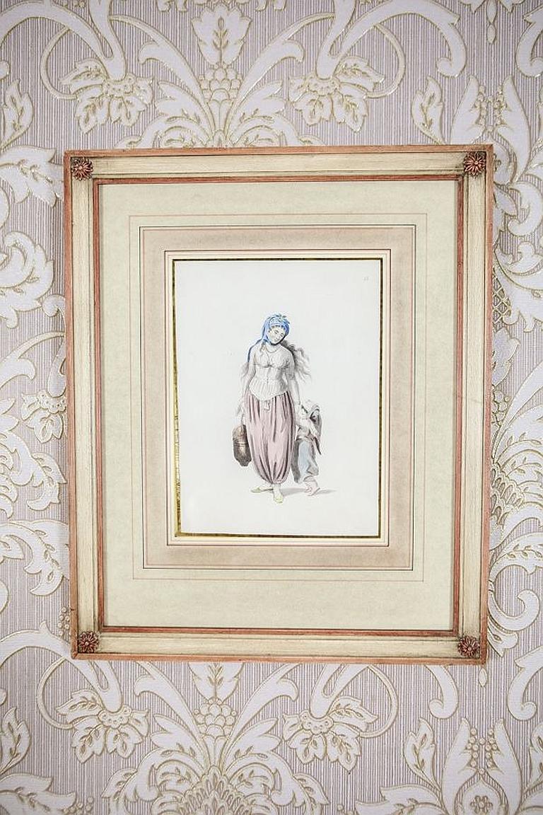 Europeo Coppia di stampe dell'inizio del XX secolo raffiguranti donne in vendita