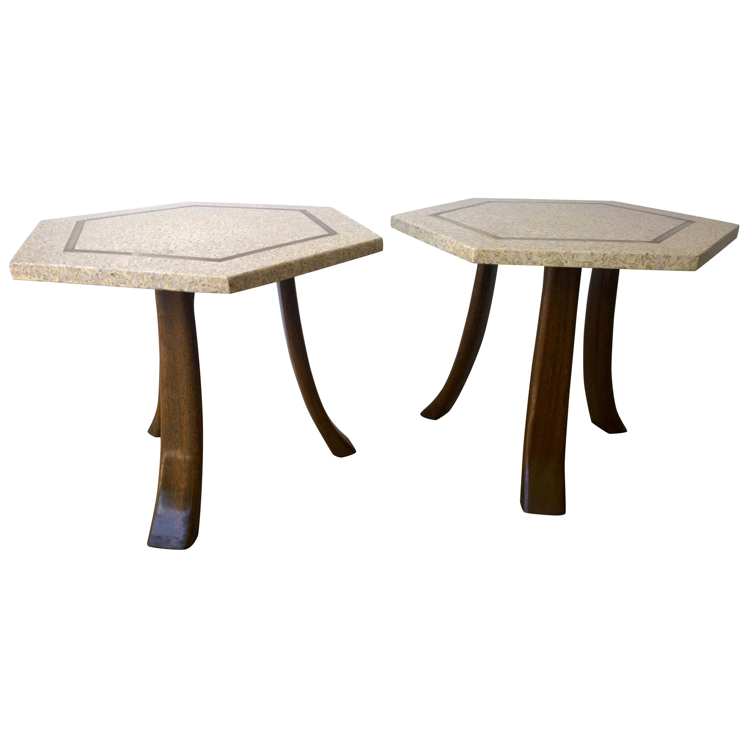 Pair of Probber Blue, White, Brown and Gold Terrazzo Mahogany Tripod Side Tables For Sale