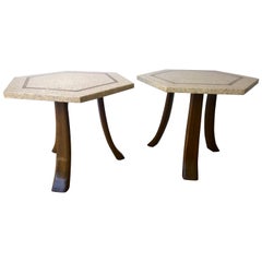 Pair of Probber Blue, White, Brown and Gold Terrazzo Mahogany Tripod Side Tables