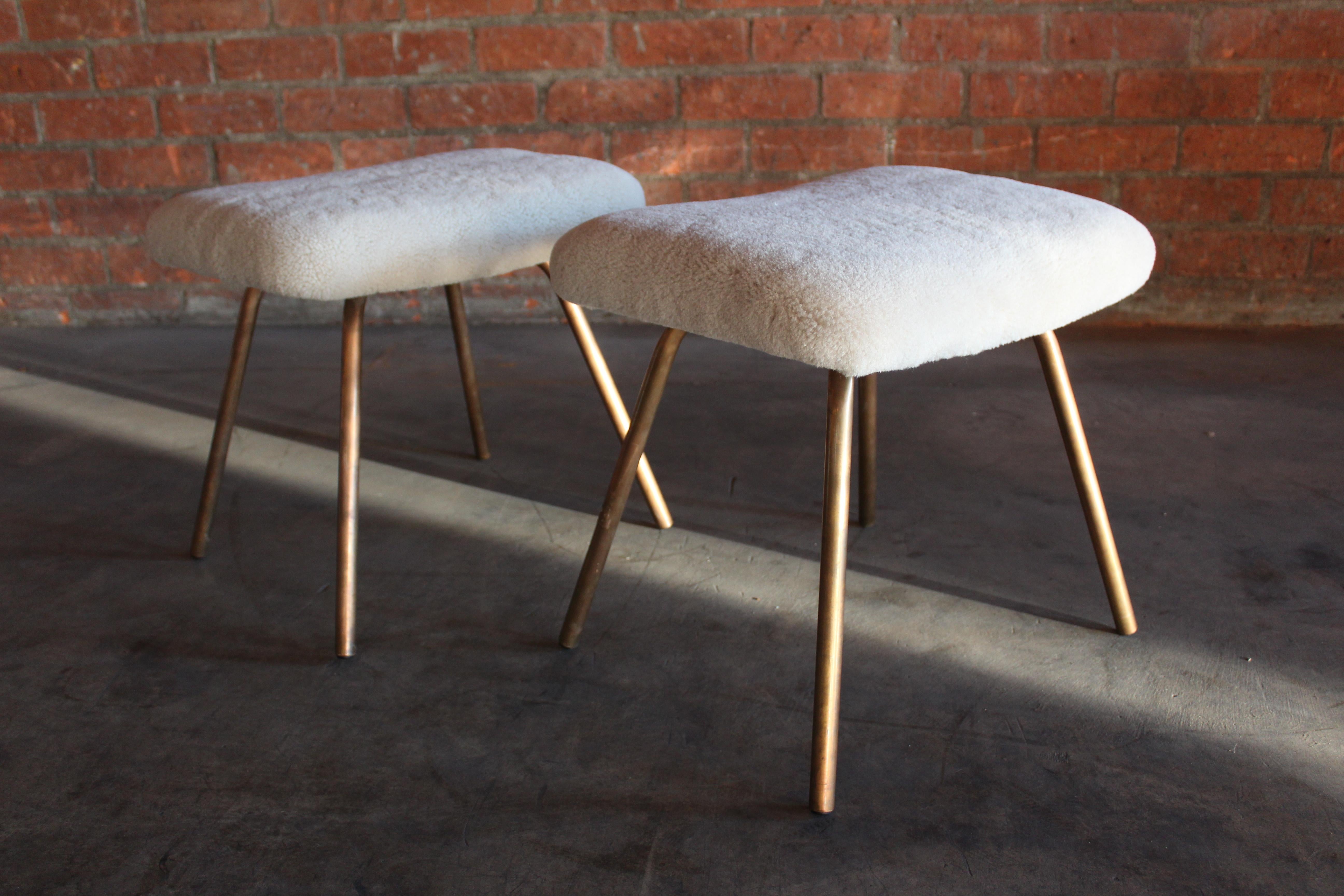 Pair of Prototype Copper & Sheepskin Stools by Pierre Guariche, France, 1950s 5