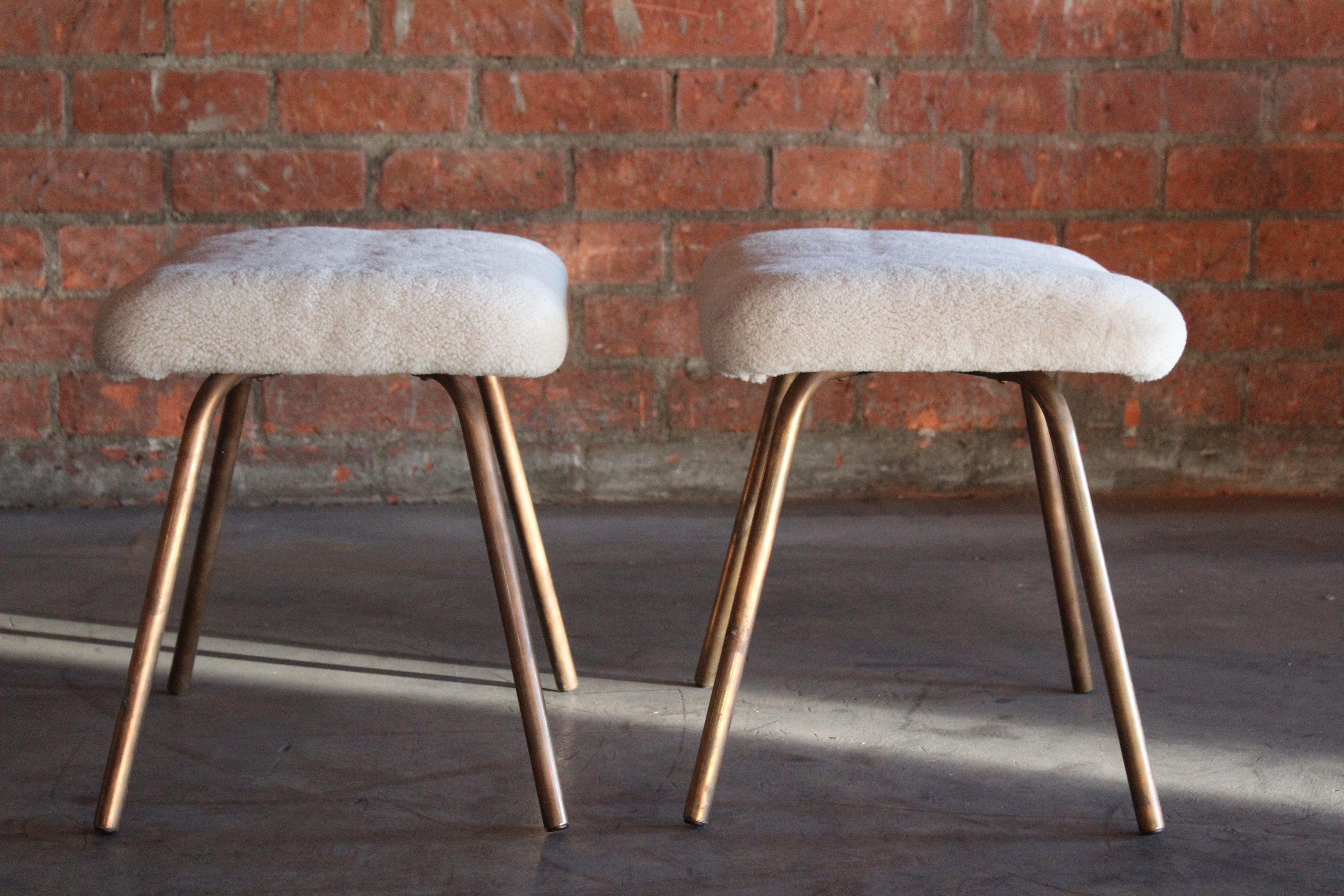 Pair of Prototype Copper & Sheepskin Stools by Pierre Guariche, France, 1950s 6