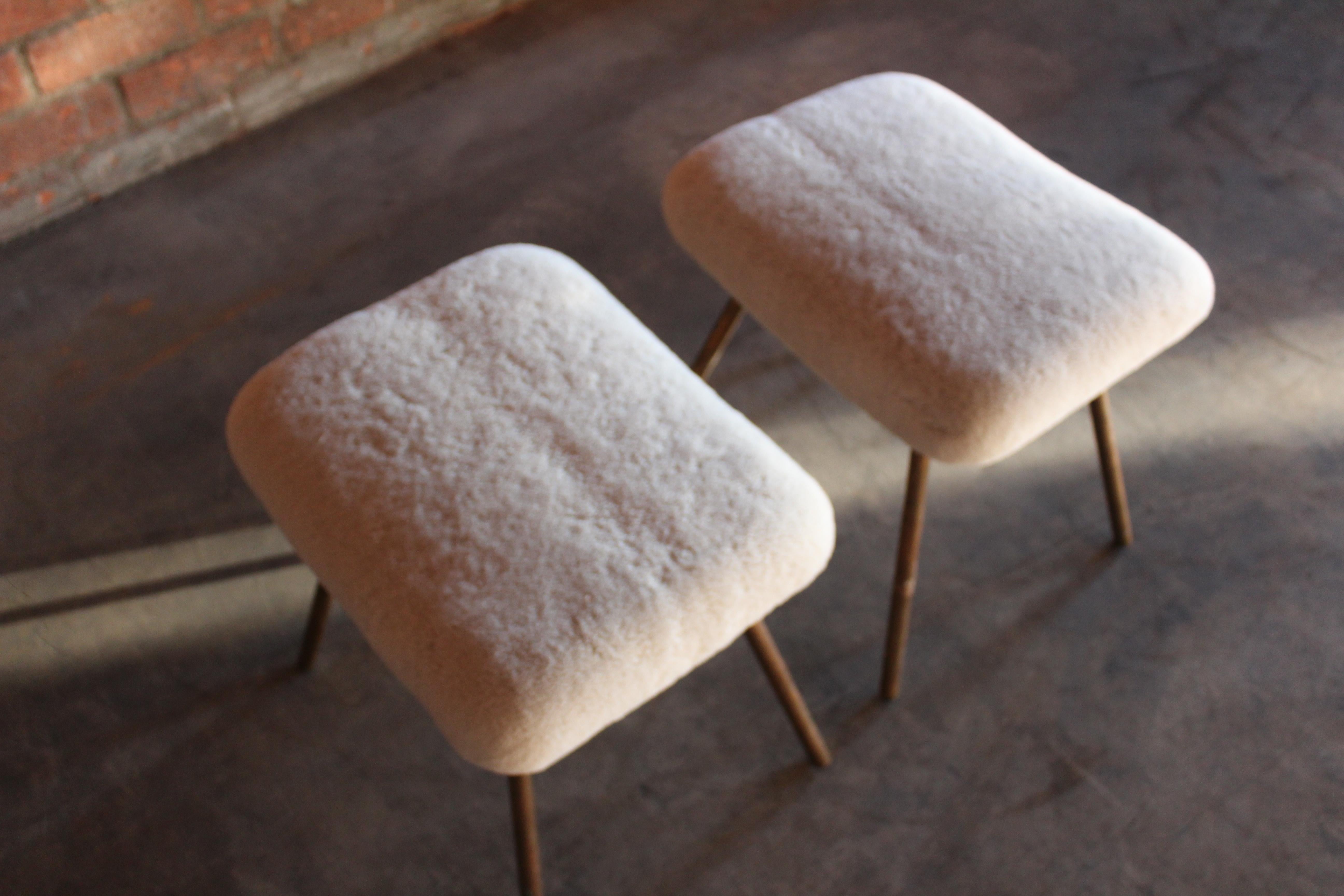 Pair of Prototype Copper & Sheepskin Stools by Pierre Guariche, France, 1950s 8