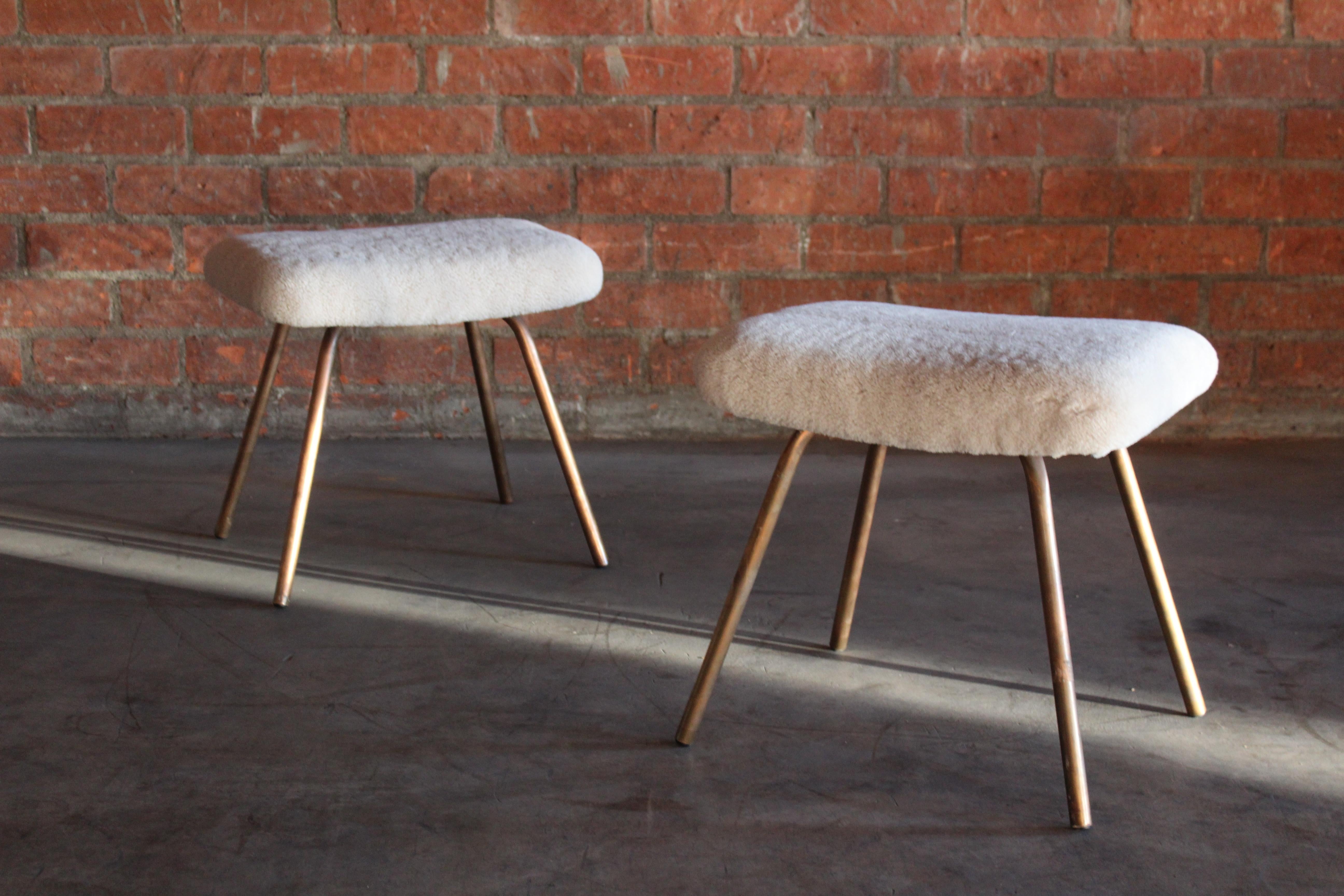 Pair of Prototype Copper & Sheepskin Stools by Pierre Guariche, France, 1950s 9