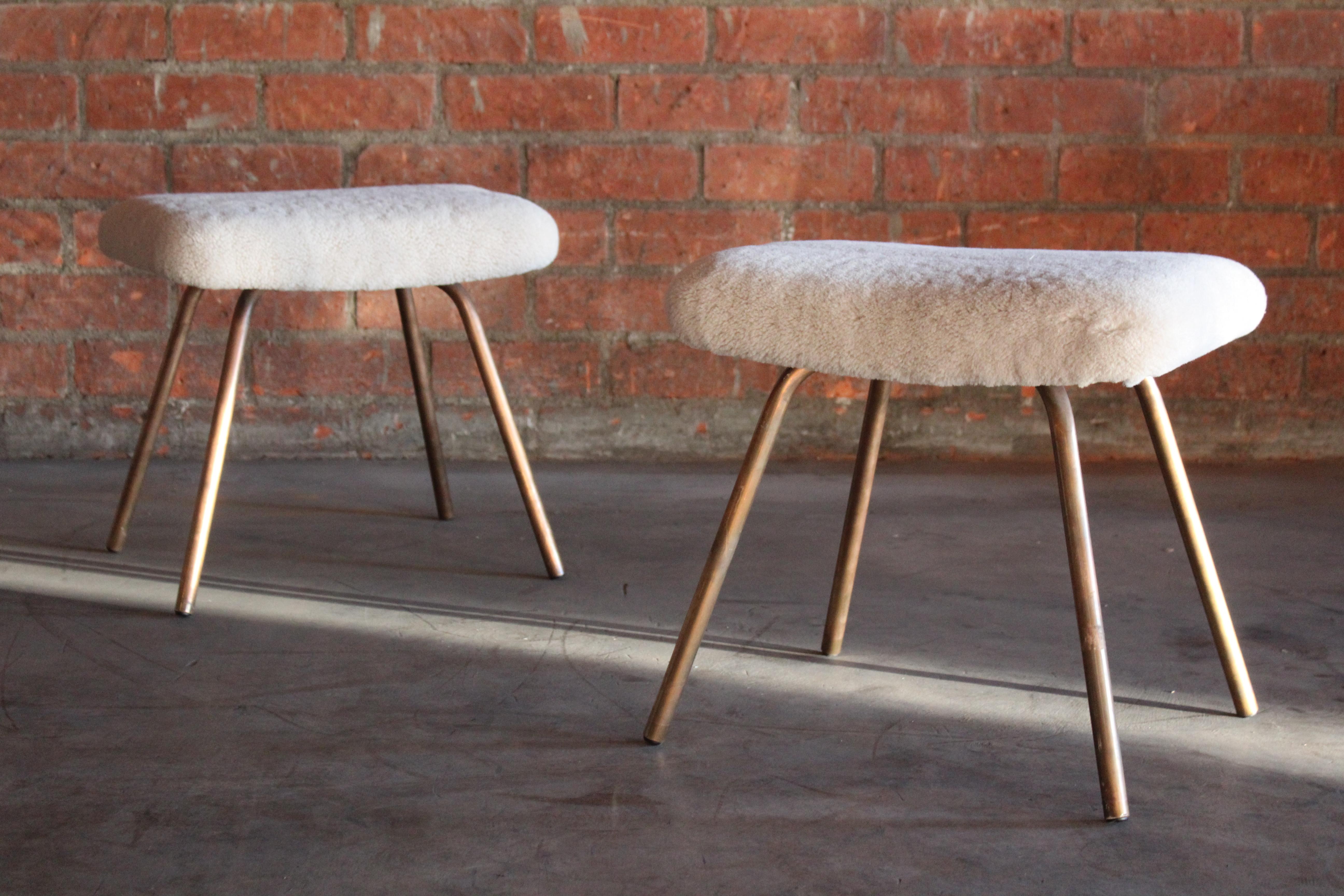 Pair of Prototype Copper & Sheepskin Stools by Pierre Guariche, France, 1950s 10