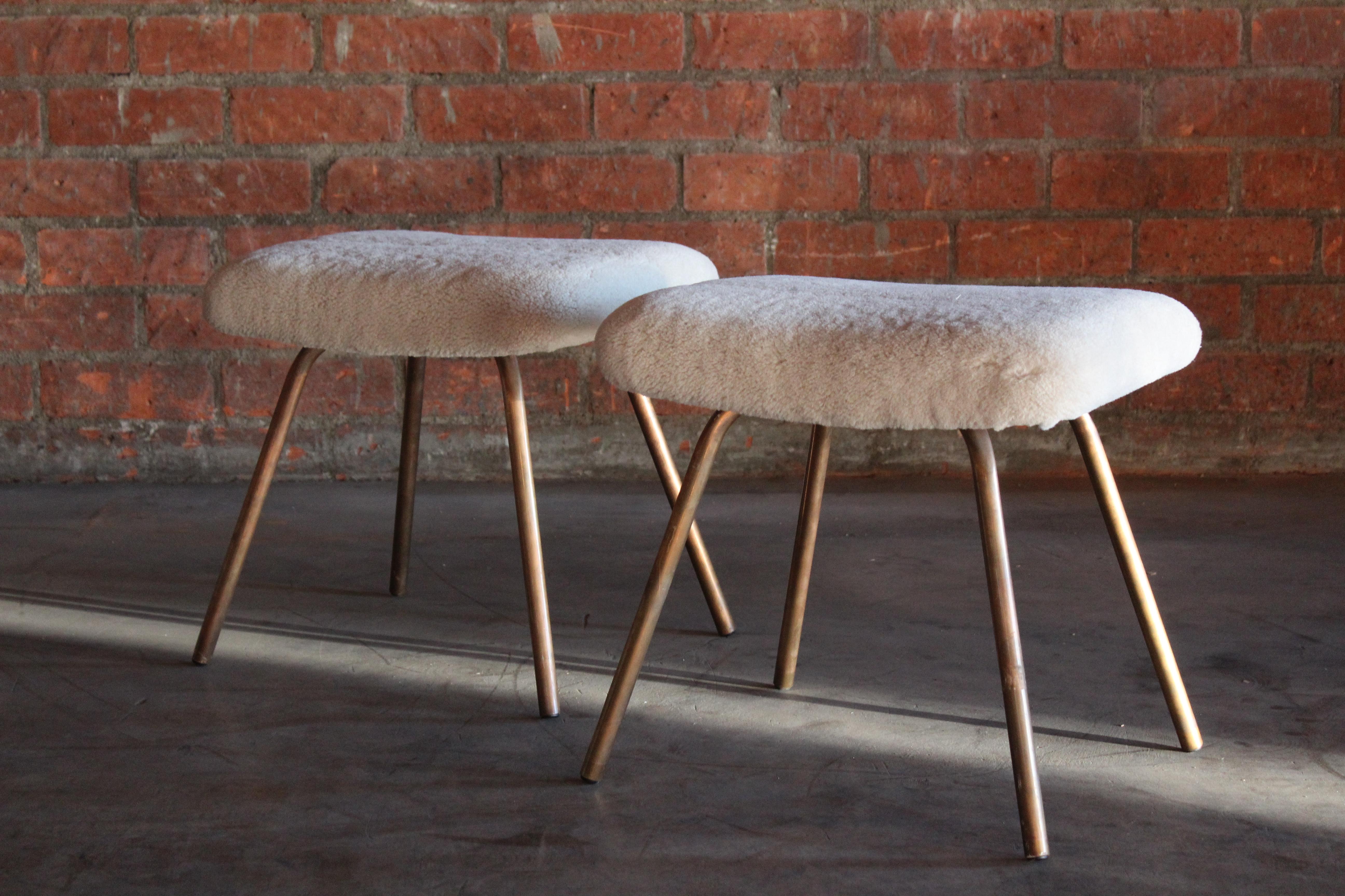 Pair of Prototype Copper & Sheepskin Stools by Pierre Guariche, France, 1950s 11