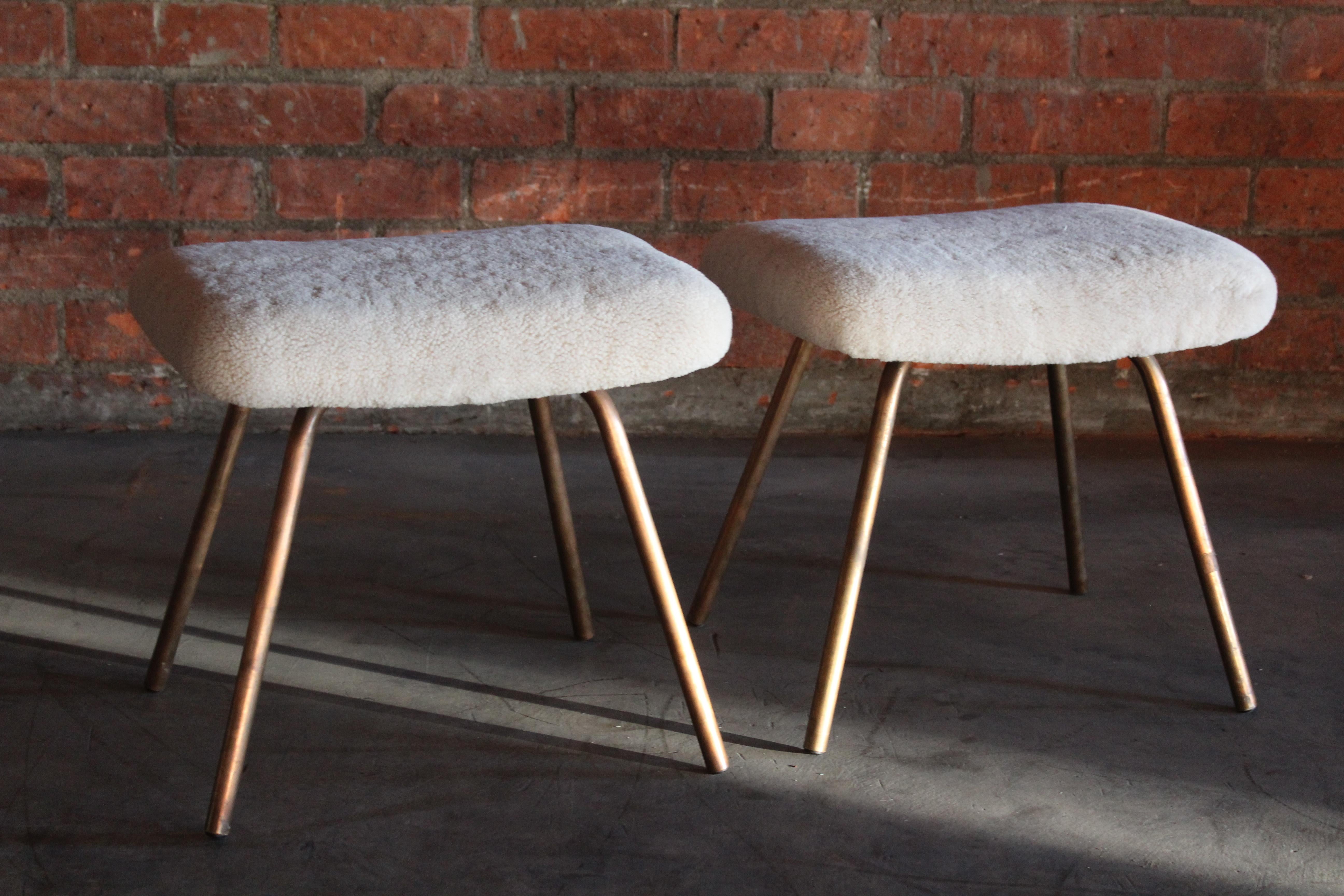 Pair of Prototype Copper & Sheepskin Stools by Pierre Guariche, France, 1950s 12