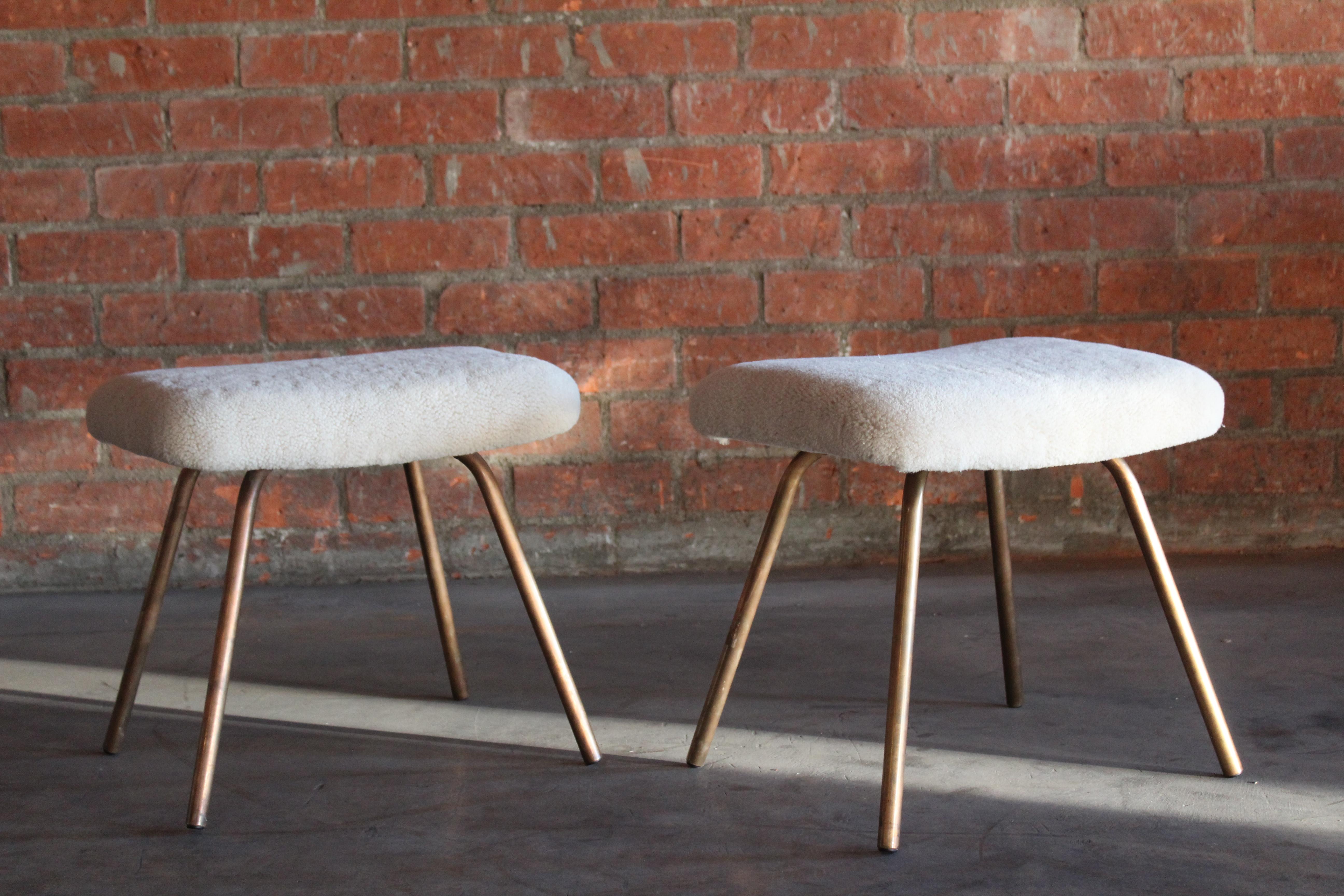 Mid-Century Modern Pair of Prototype Copper & Sheepskin Stools by Pierre Guariche, France, 1950s