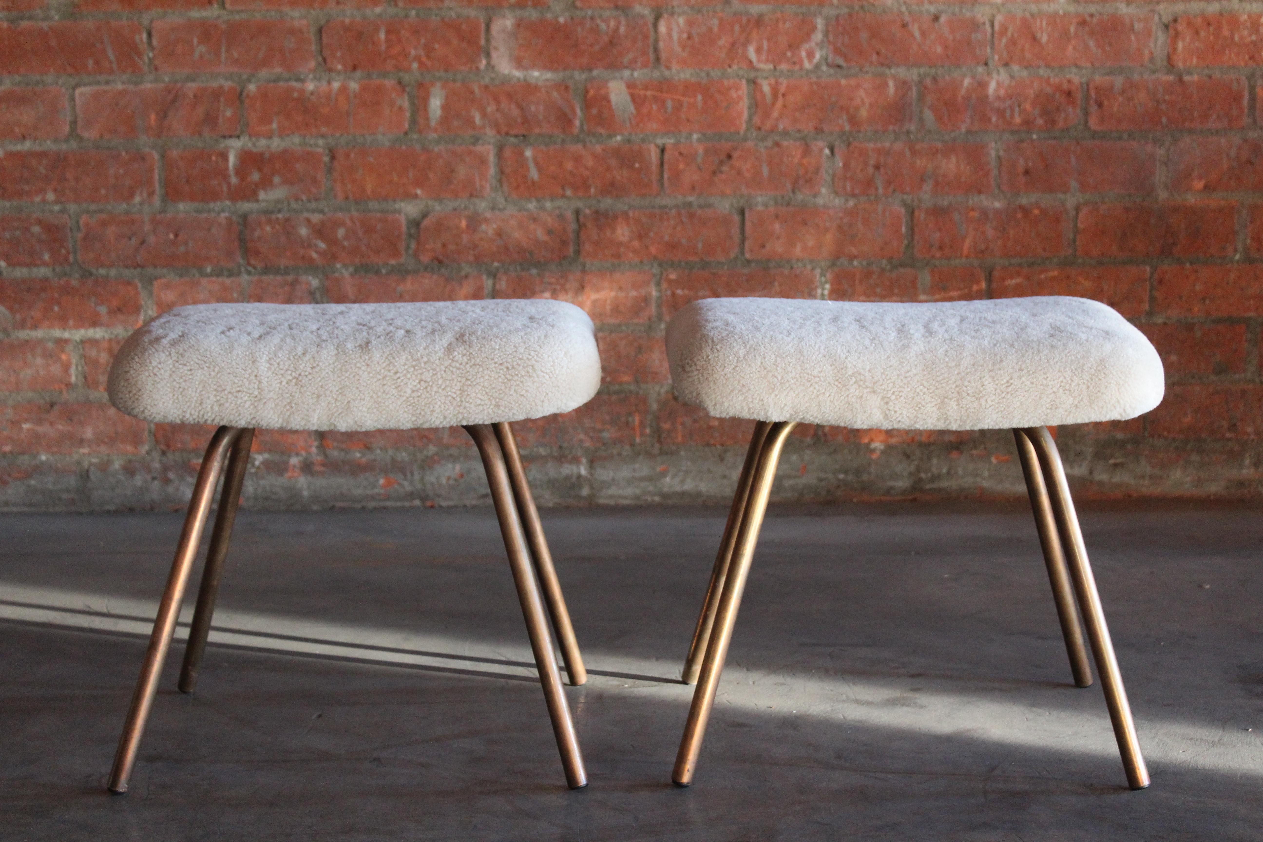 French Pair of Prototype Copper & Sheepskin Stools by Pierre Guariche, France, 1950s