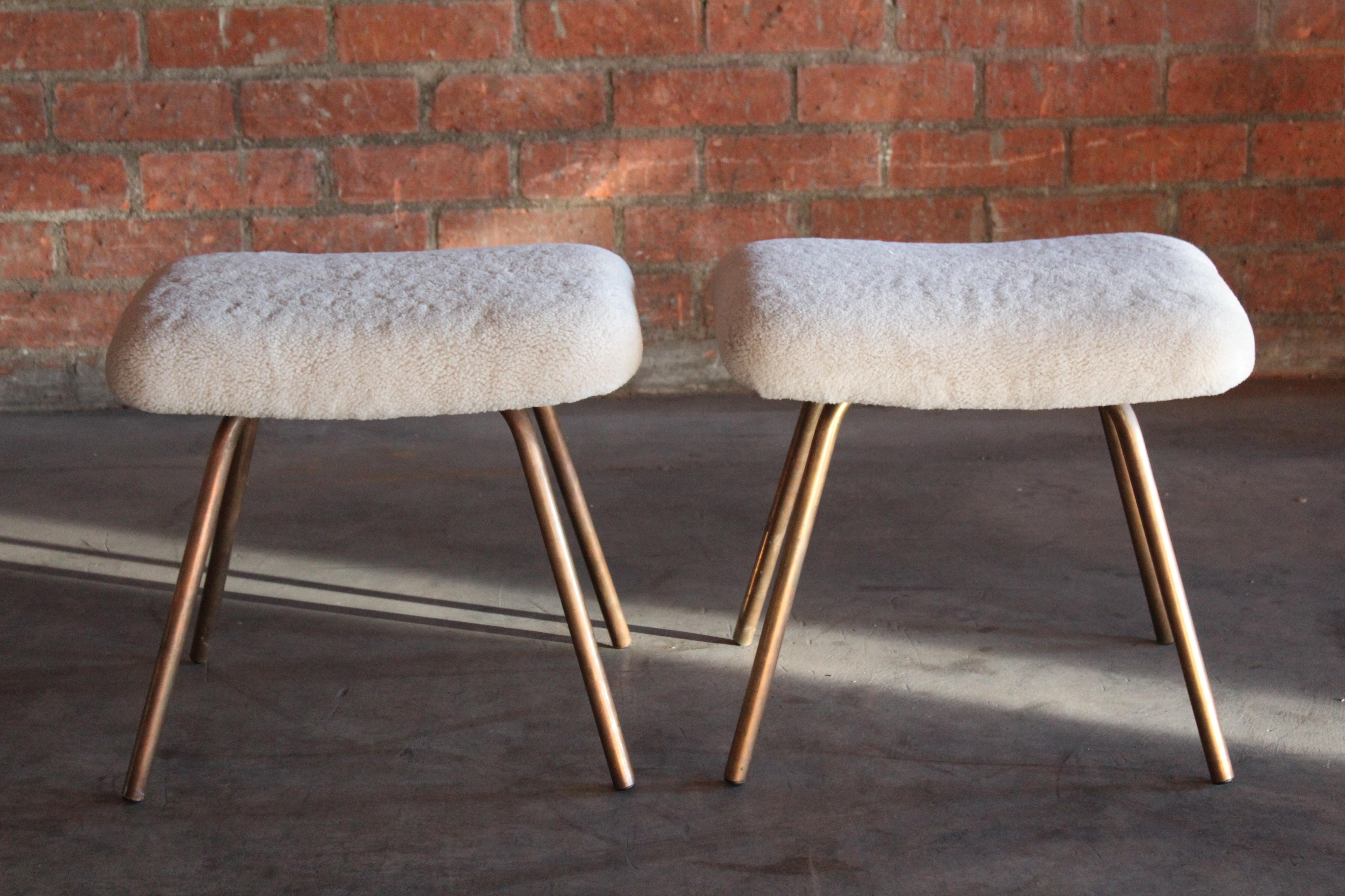 Pair of Prototype Copper & Sheepskin Stools by Pierre Guariche, France, 1950s In Good Condition In Los Angeles, CA