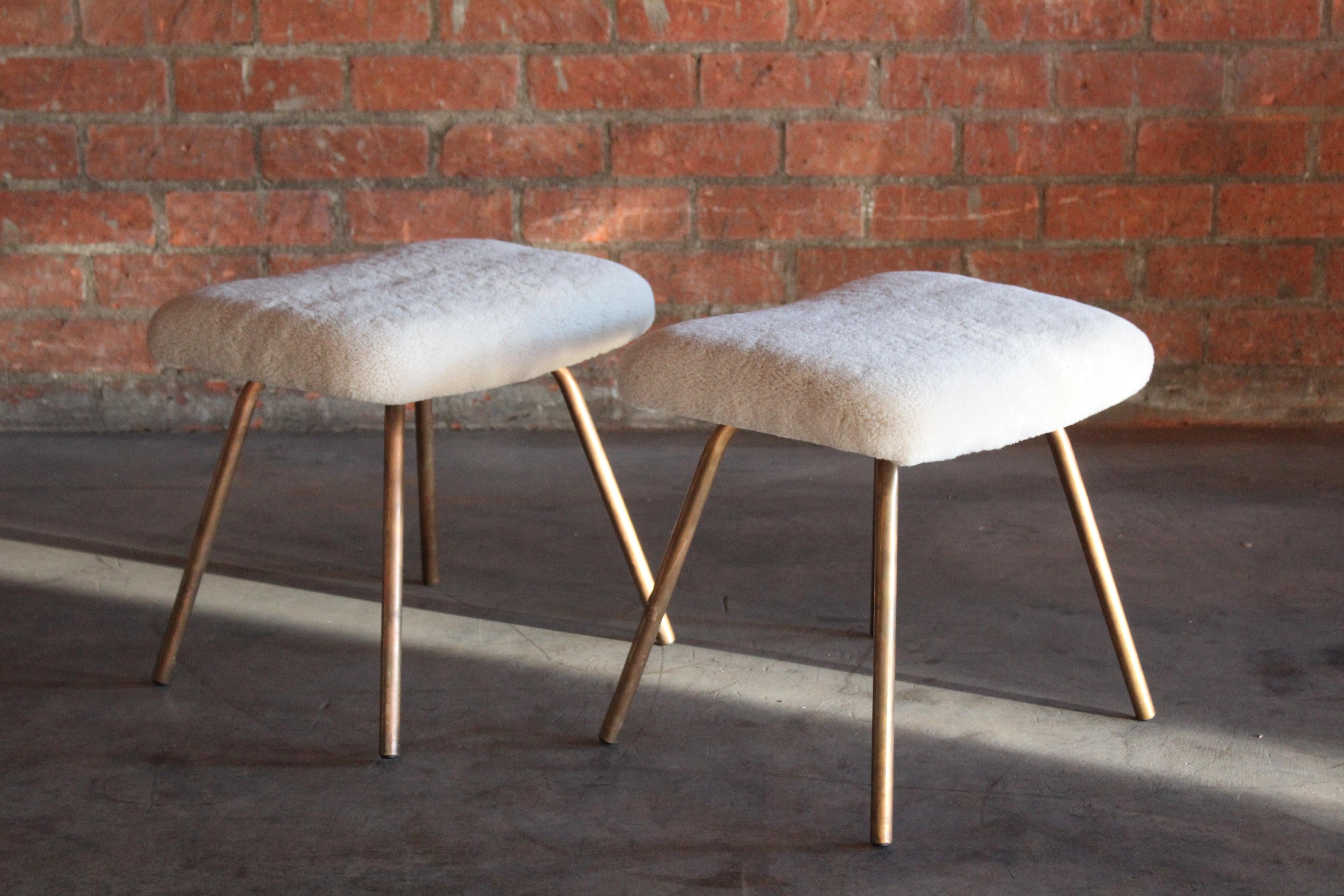 Mid-20th Century Pair of Prototype Copper & Sheepskin Stools by Pierre Guariche, France, 1950s