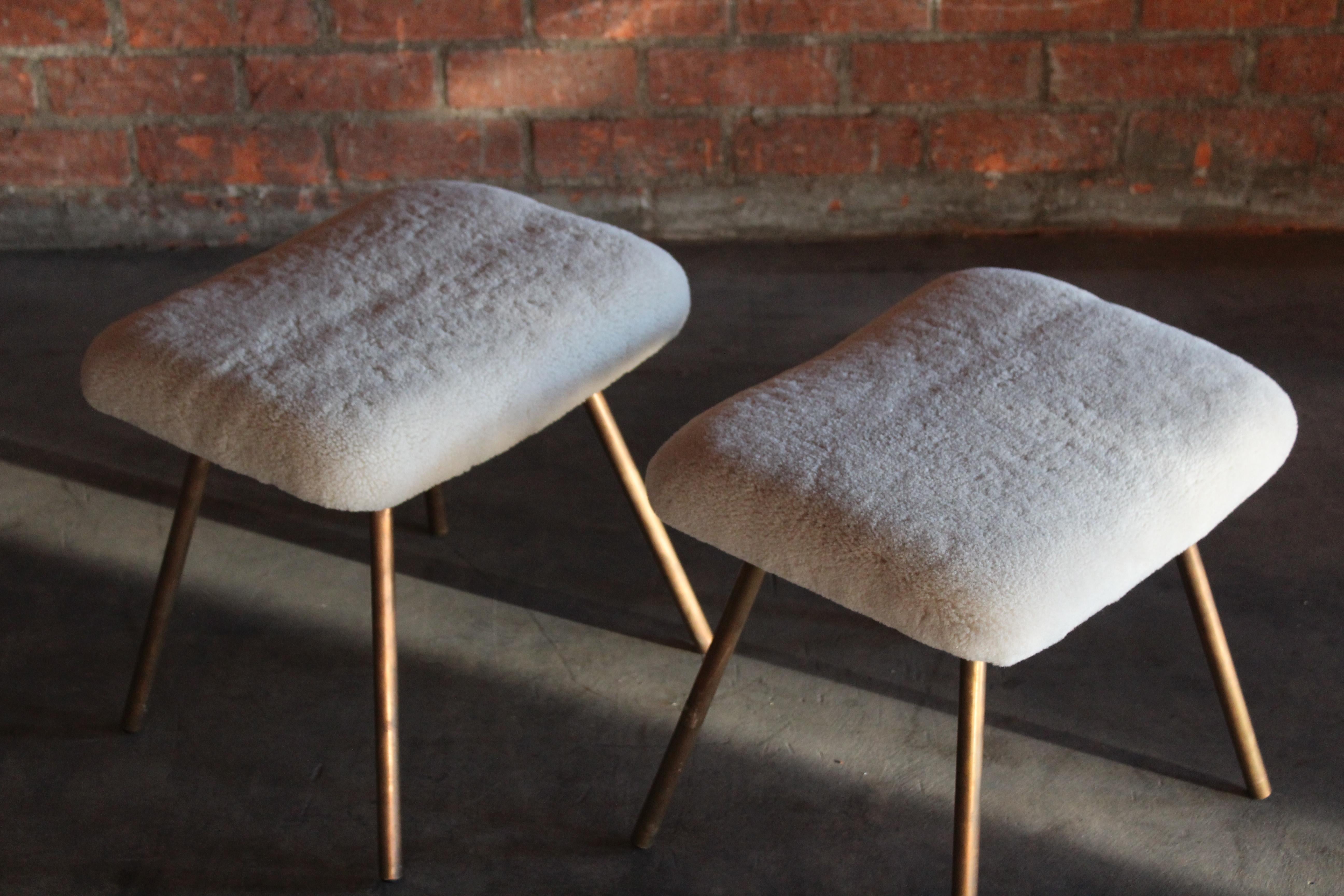 Pair of Prototype Copper & Sheepskin Stools by Pierre Guariche, France, 1950s 2