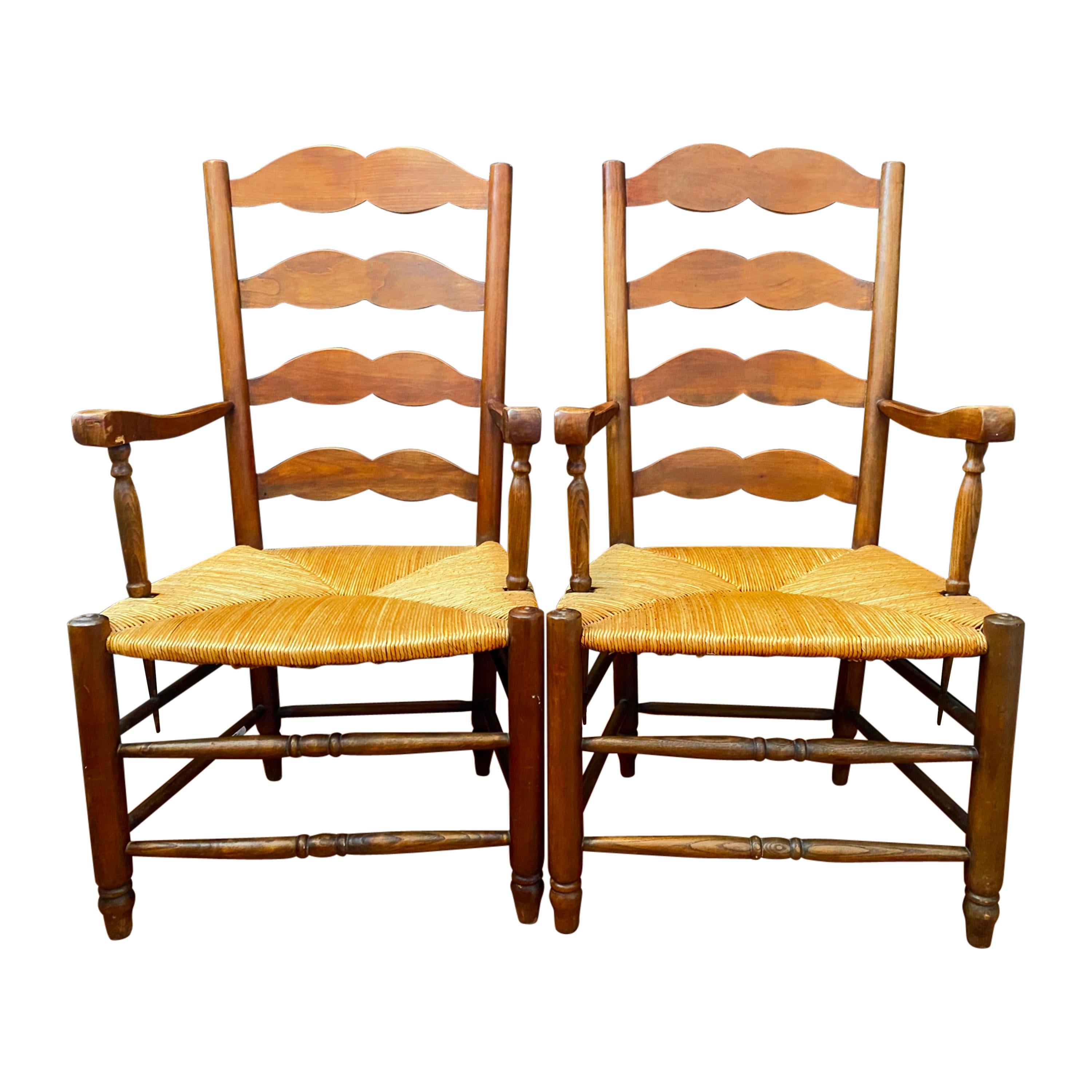 Pair of Provençal Ladderback Armchairs with Rush Seating For Sale