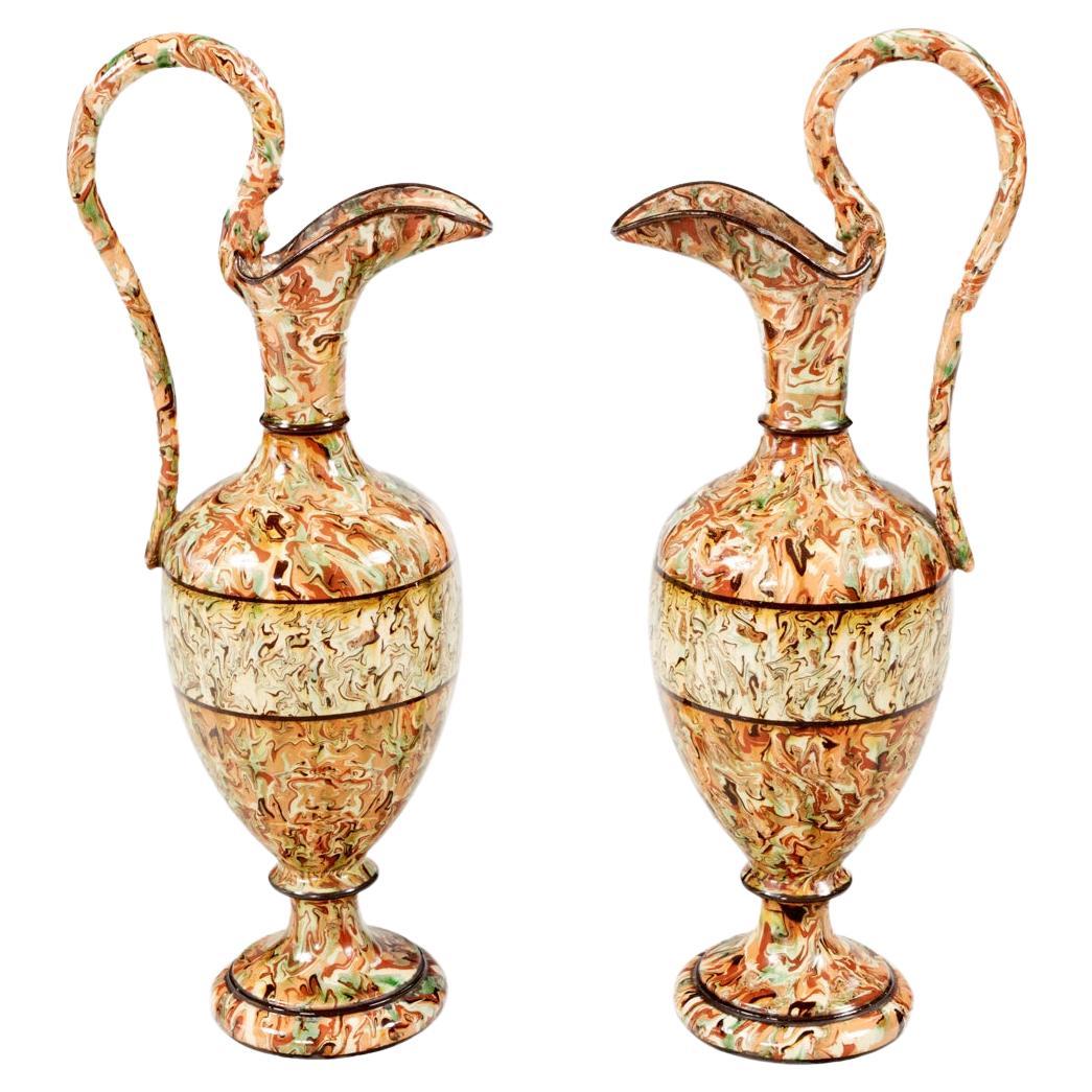 Pair of Provençale 19th Century Agateware Ewers by Pichon, Uzes, France C.1880 For Sale