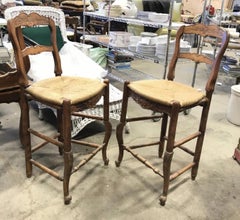 Pair of Provincial Carved Wooden Bar Stools with Rushed Seats