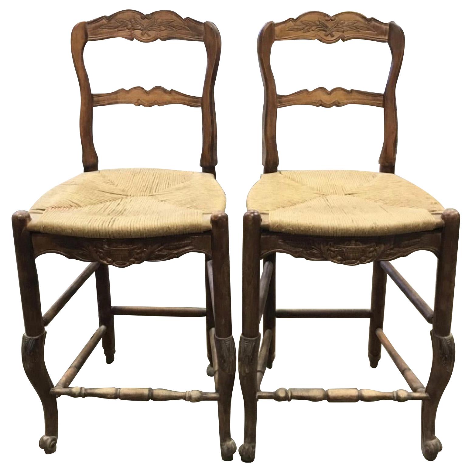 Pair of Provincial Carved Wooden Bar Stools with Rushed Seats