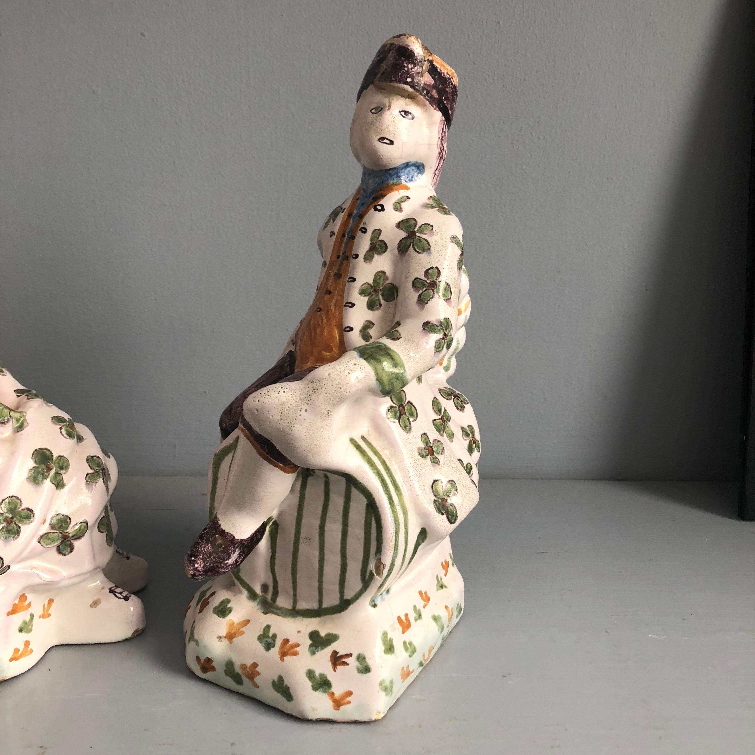 French Pair of Provincial Faience Figural Pitchers
