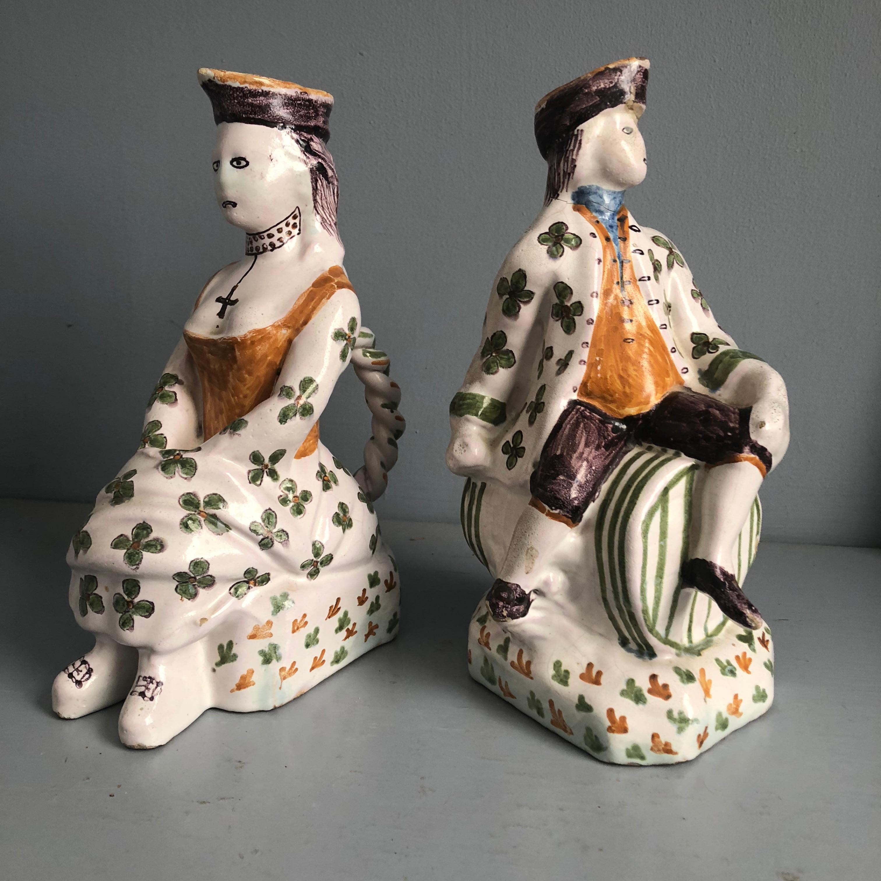 Glazed Pair of Provincial Faience Figural Pitchers