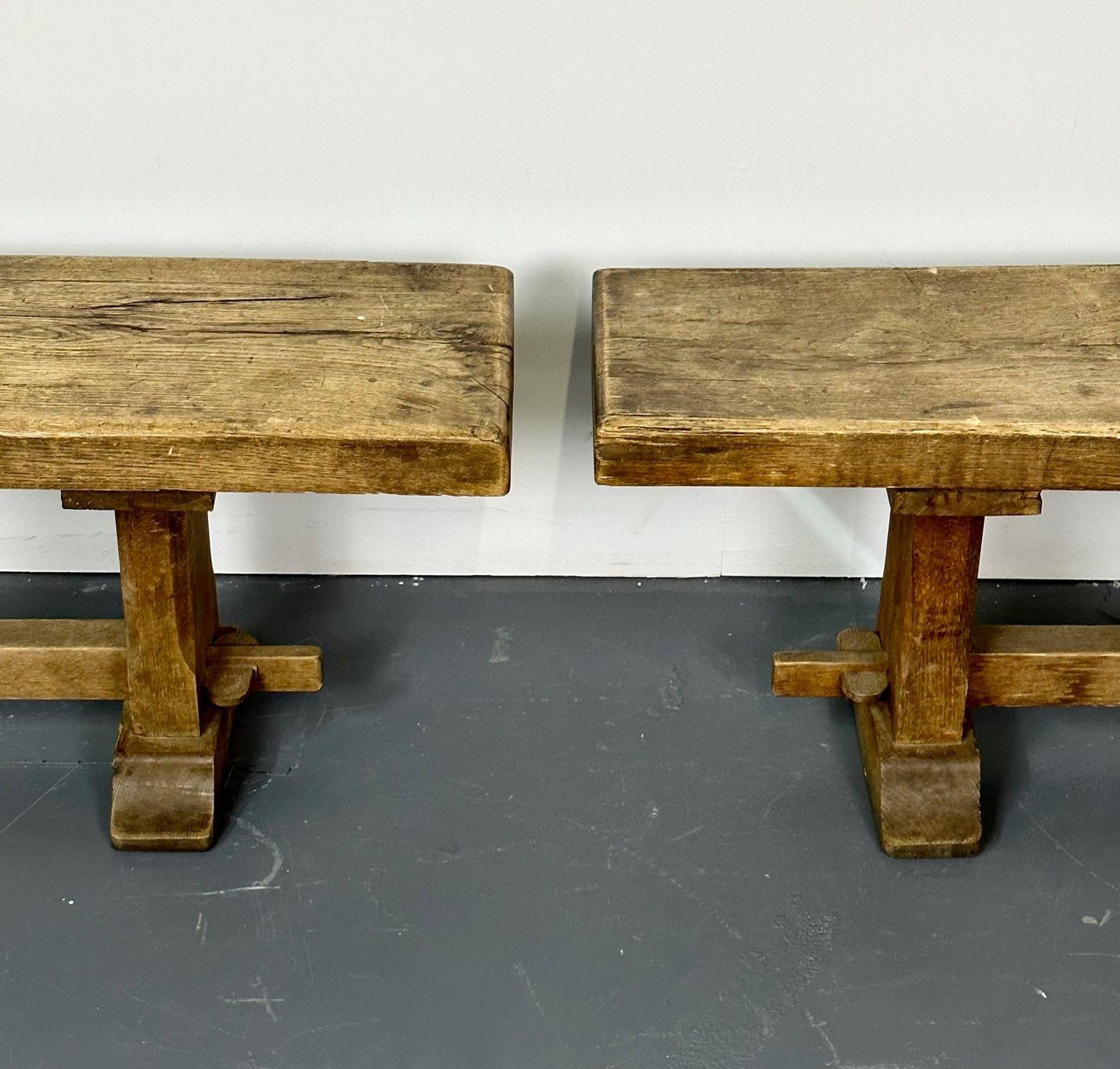 Pair of Provincial French Mid-Century Modern Patinated Elm Benches, Farmhouse 6