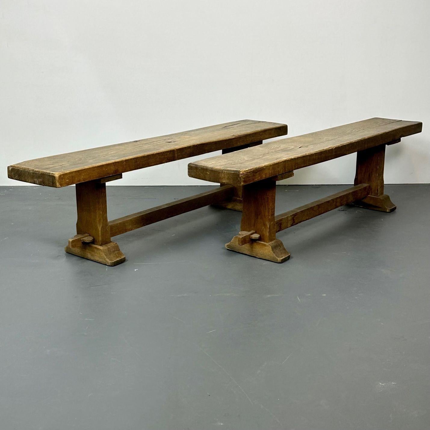 French Provincial Pair of Provincial French Mid-Century Modern Patinated Elm Benches, Farmhouse