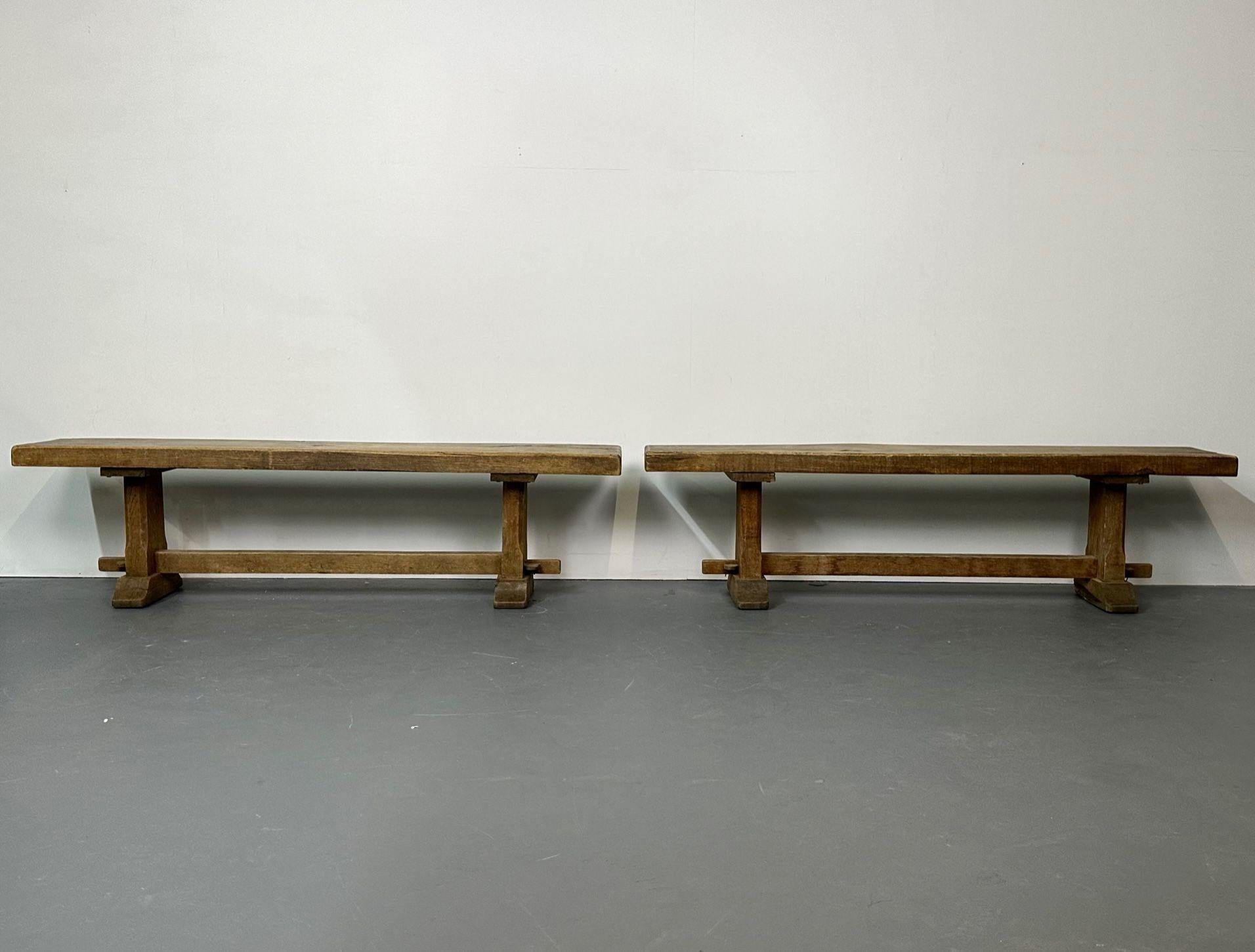 Early 20th Century Pair of Provincial French Mid-Century Modern Patinated Elm Benches, Farmhouse