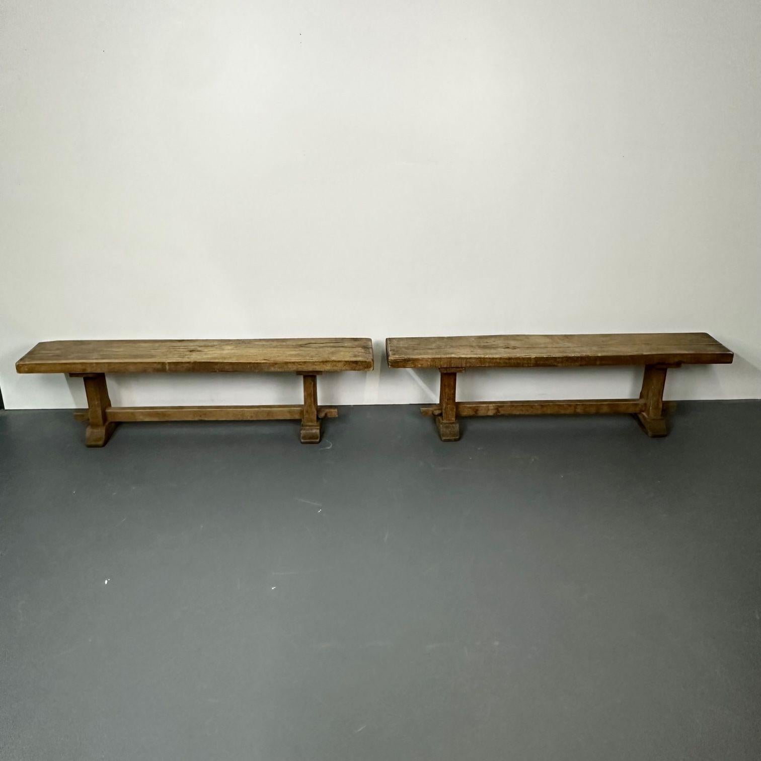 Pair of Provincial French Mid-Century Modern Patinated Elm Benches, Farmhouse 1