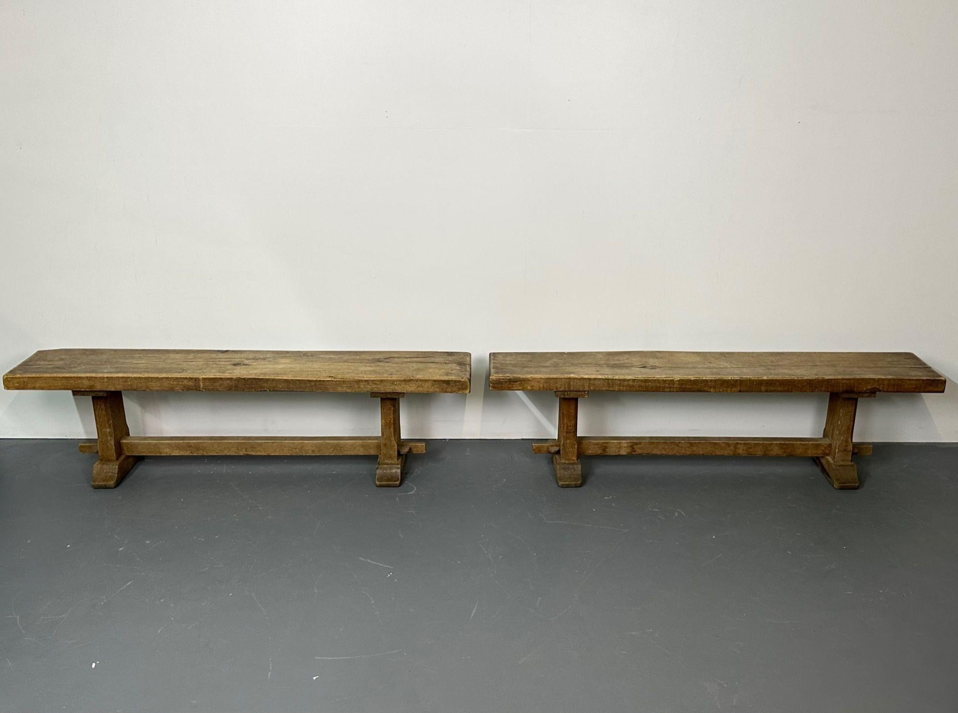 Pair of Provincial French Mid-Century Modern Patinated Elm Benches, Farmhouse 2