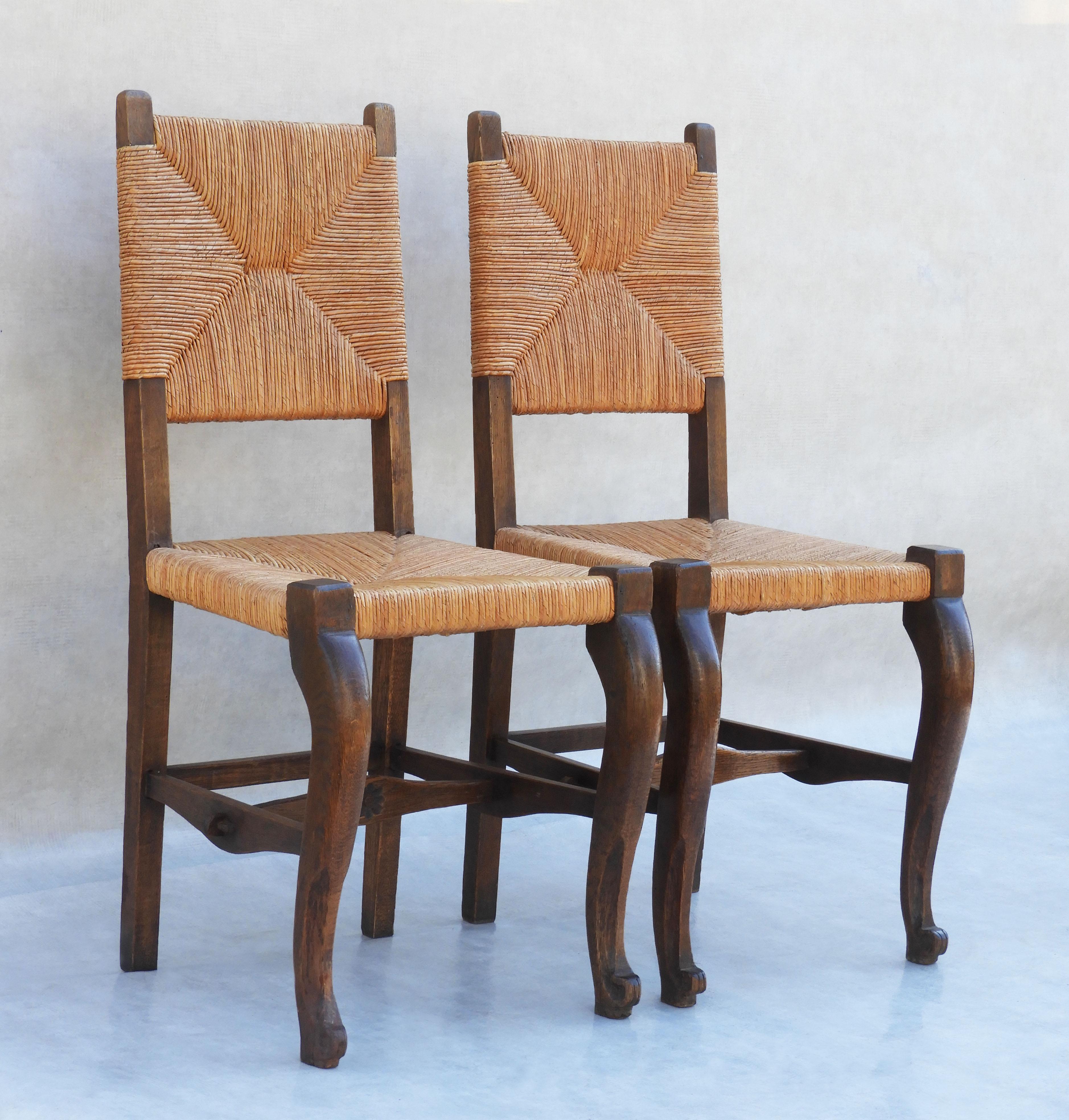 French Provincial Pair of Provincial French Oak and Rush back Chairs C1920s For Sale