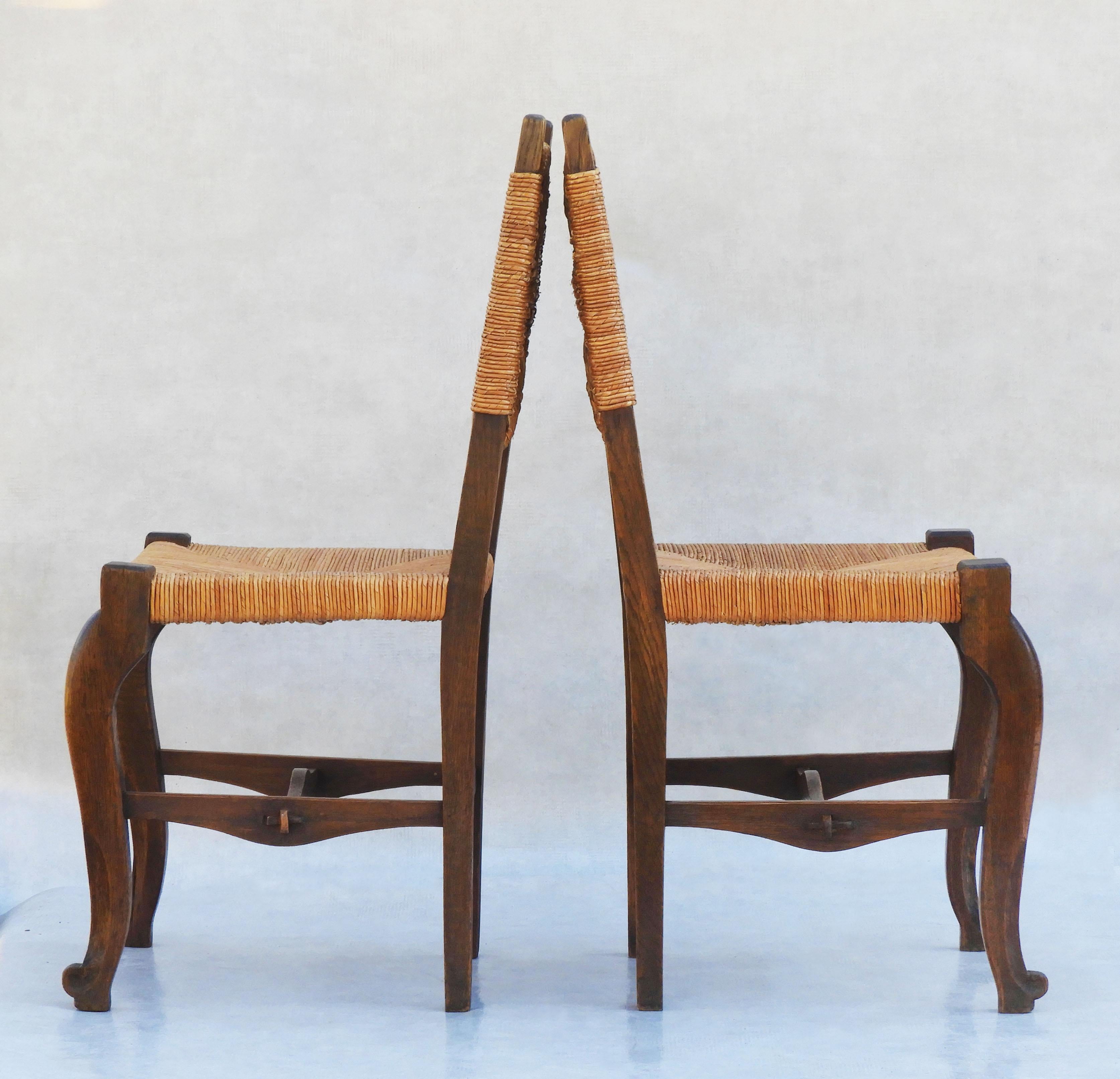 Carved Pair of Provincial French Oak and Rush back Chairs C1920s For Sale